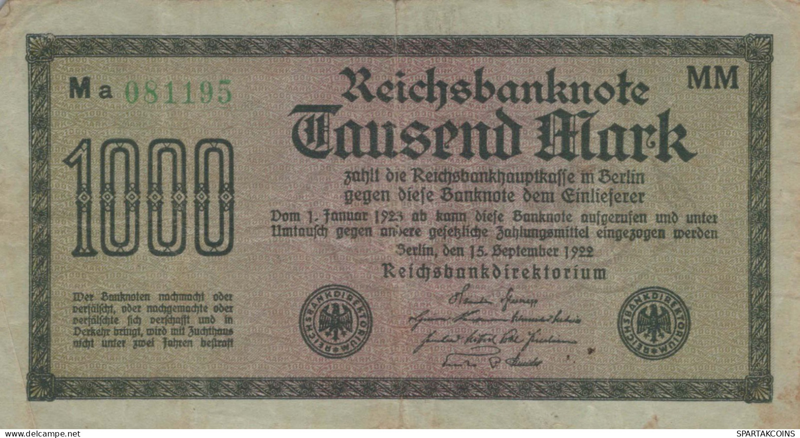 1000 MARK 1922 Stadt BERLIN DEUTSCHLAND Papiergeld Banknote #PL034 - [11] Emisiones Locales