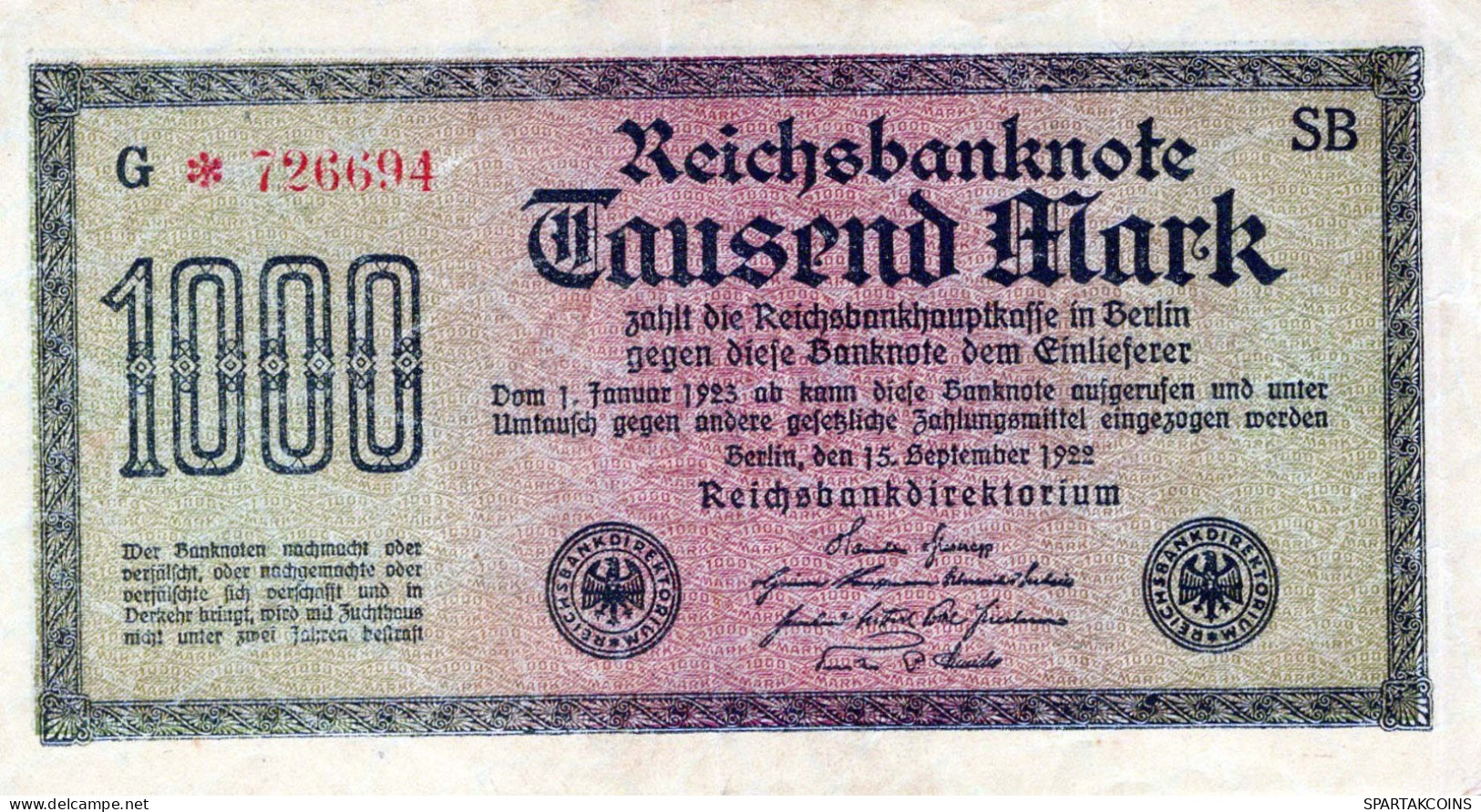 1000 MARK 1922 Stadt BERLIN DEUTSCHLAND Papiergeld Banknote #PL035 - [11] Local Banknote Issues
