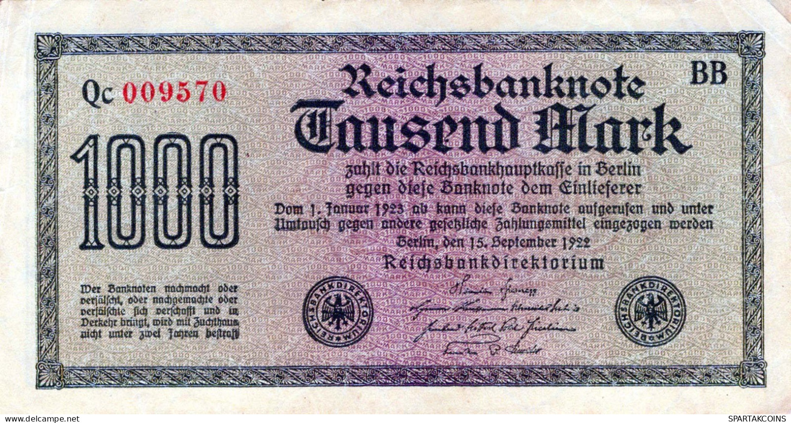 1000 MARK 1922 Stadt BERLIN DEUTSCHLAND Papiergeld Banknote #PL032 - [11] Local Banknote Issues