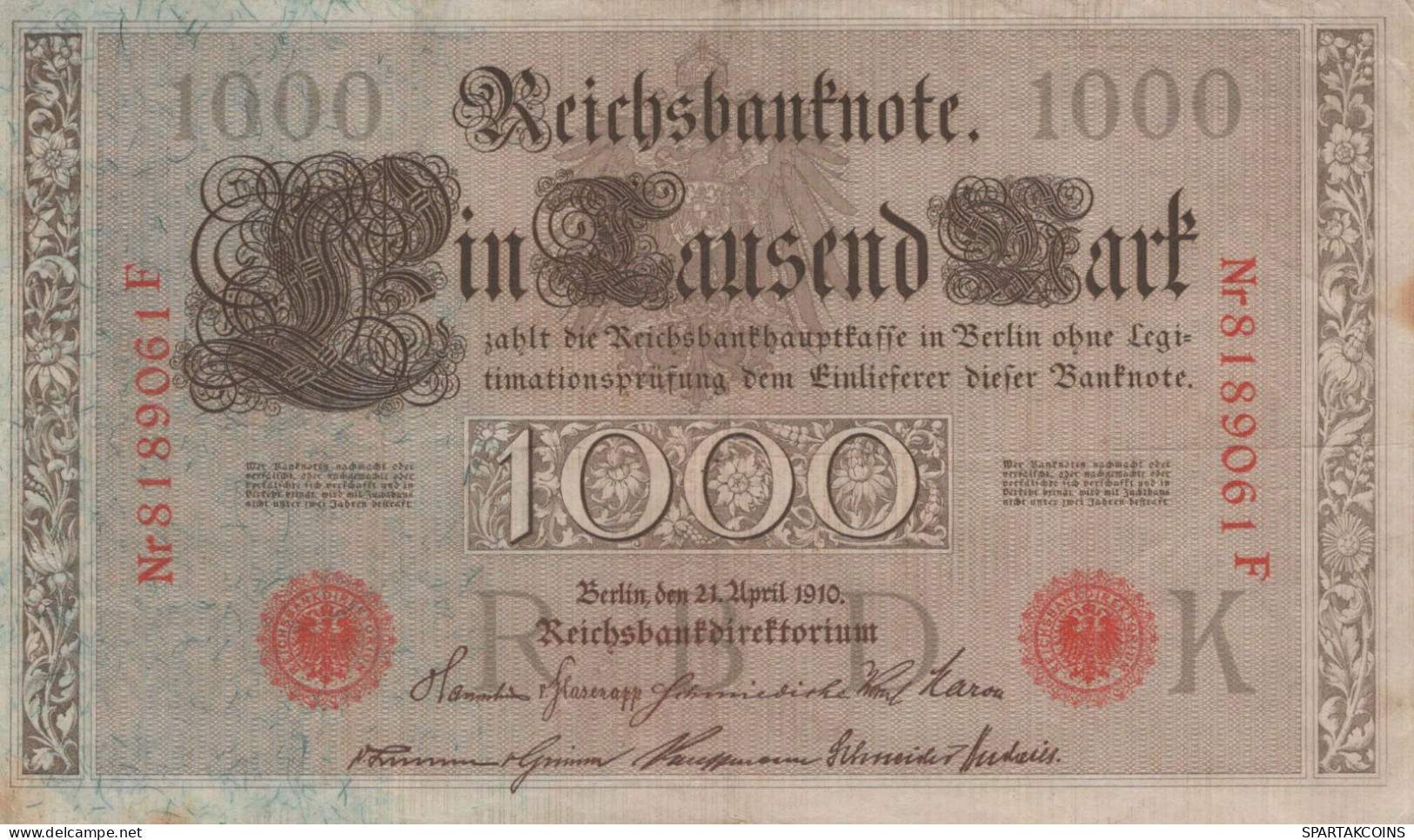 1000 MARK 1910 DEUTSCHLAND Papiergeld Banknote #PL303 - [11] Lokale Uitgaven
