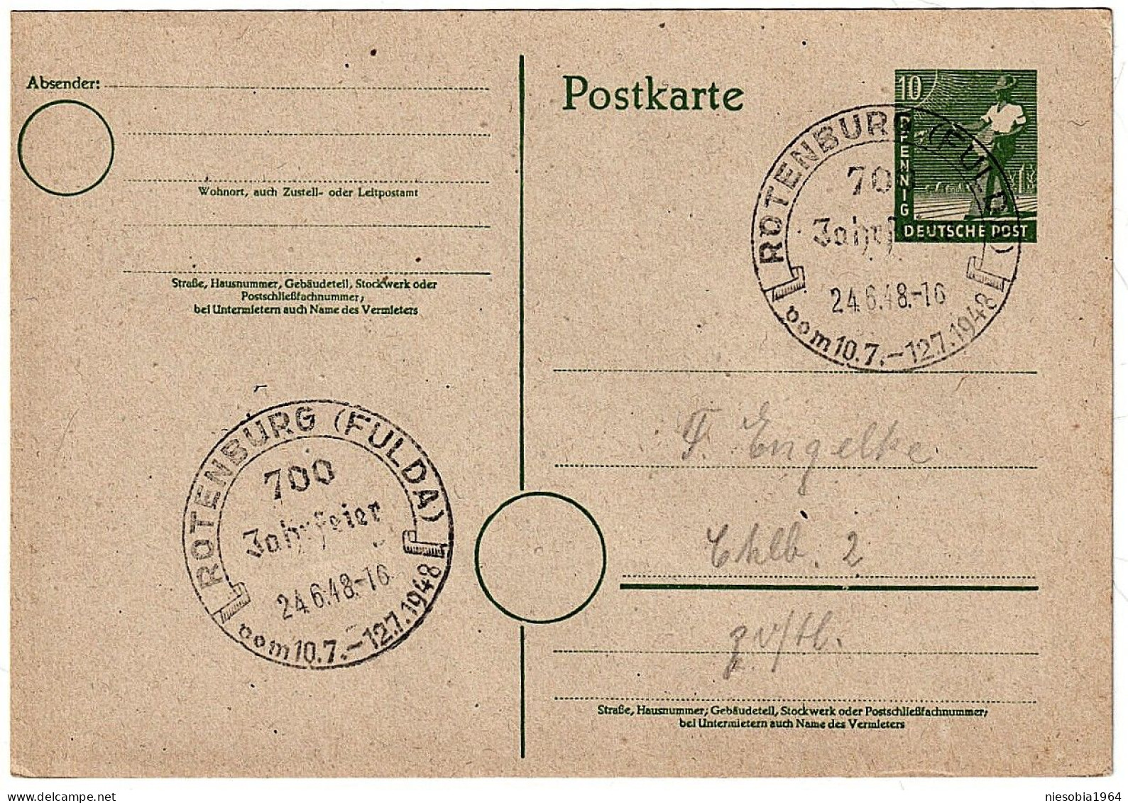 Germanys Postal Stationery 24.6.1948 -10 Pfennig Postkarte Mit Siegel 700 Jahrfeier Rotenburg (Fulda) - Autres & Non Classés