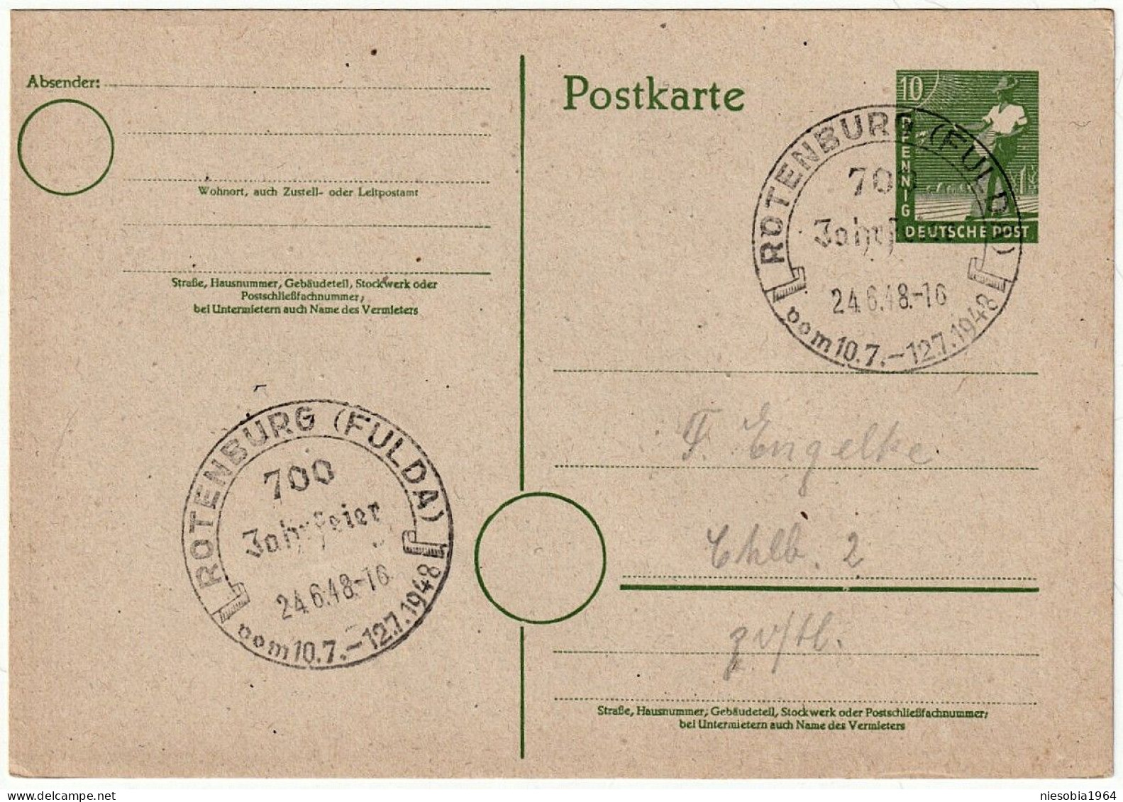 Germanys Postal Stationery 24.6.1948 -10 Pfennig Postkarte Mit Siegel 700 Jahrfeier Rotenburg (Fulda) - Andere & Zonder Classificatie