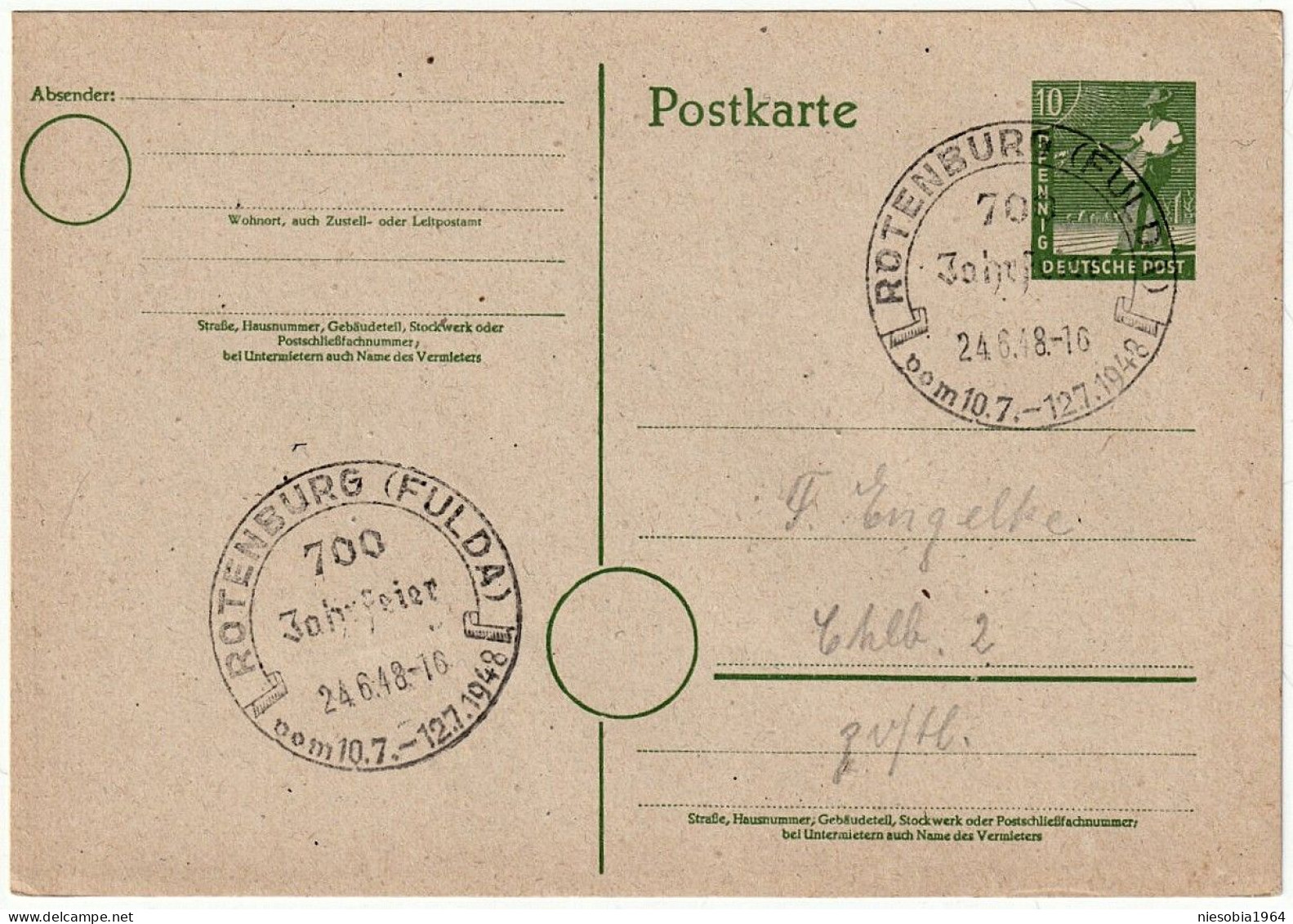 Germanys Postal Stationery 24.6.1948 -10 Pfennig Postkarte Mit Siegel 700 Jahrfeier Rotenburg (Fulda) - Sonstige & Ohne Zuordnung