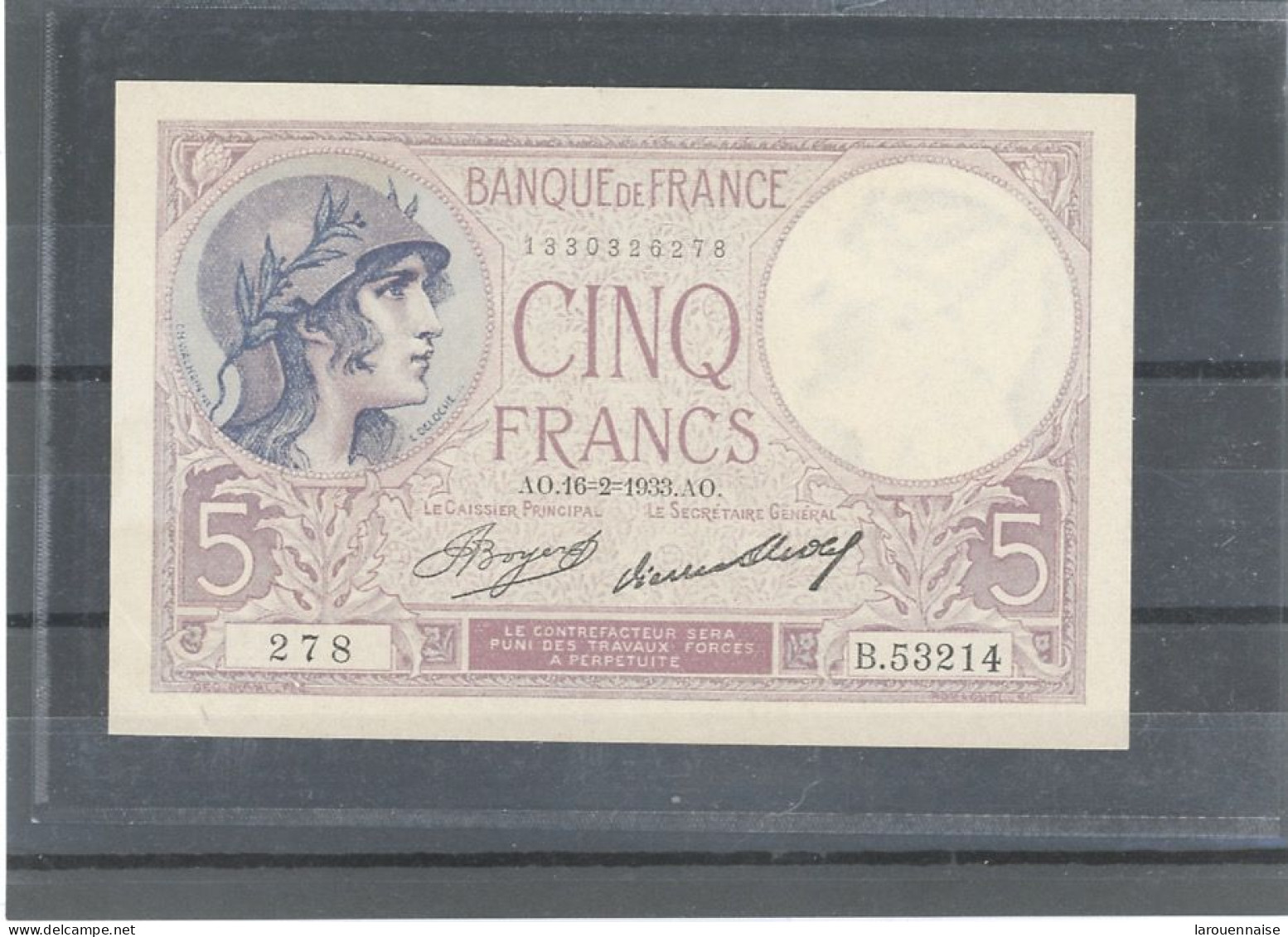 FRANCE -5F FEMME CASQUÉE  -16-2-1933- AO- SERIE 278- FAYETTE - F.03 /17- ETAT : SPL- SANS EPINGLAGE - 5 F 1917-1940 ''Violet''