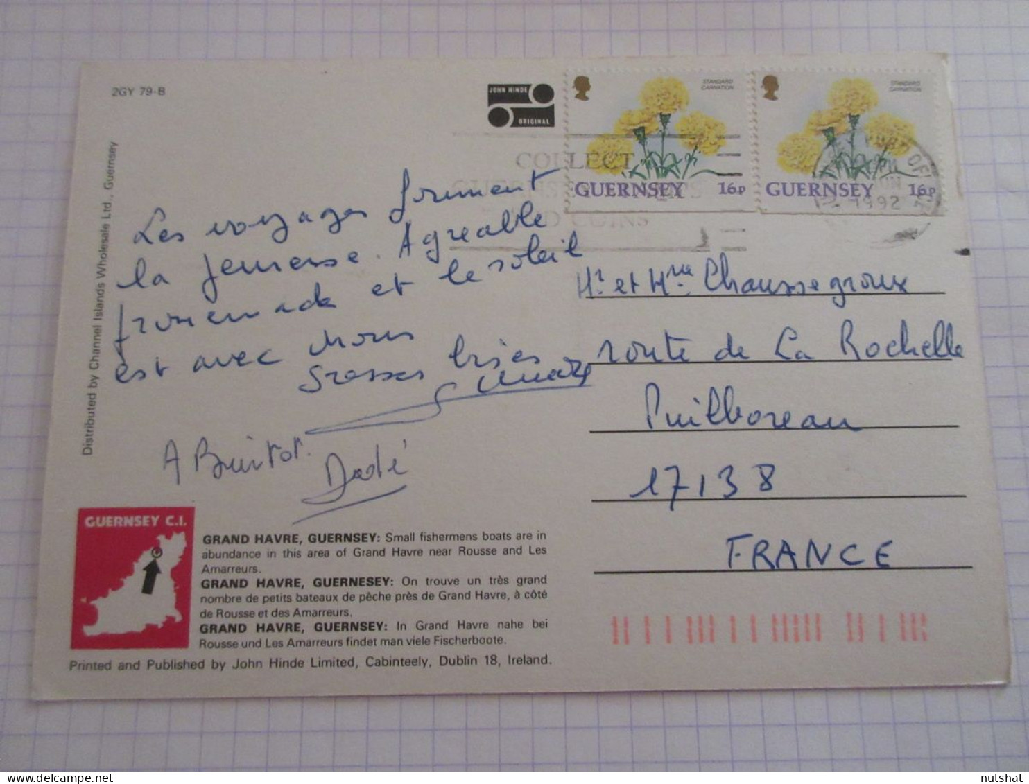 CP CARTE POSTALE ROYAUME-UNI GUERNSEY GRAND HAVRE - Ecrite En 1992               - Guernsey