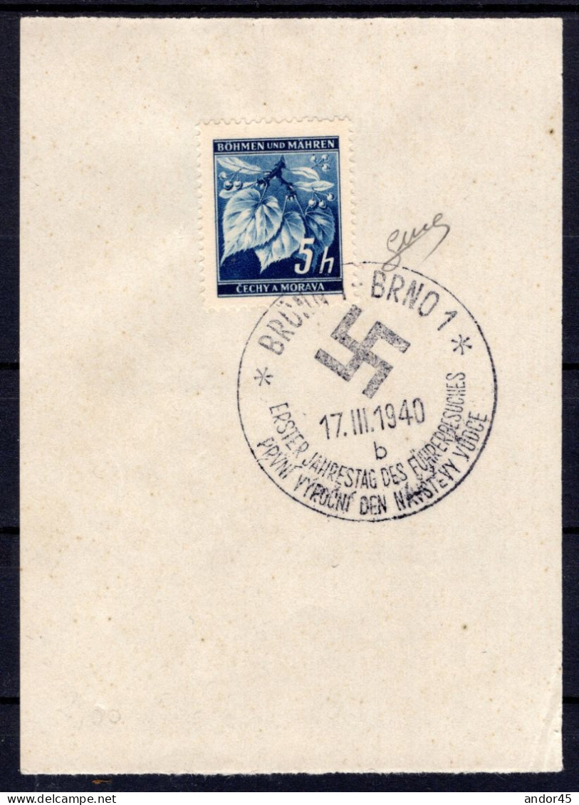 1940 17 MAR 5H  CON OTTIMA CENTRATURA  FRANCOBOLLO DI BOEMIA E MORAVIA APPLICATO SU FOGLIETTO CON BELL'ANNULLO BRNO 1  F - Covers & Documents