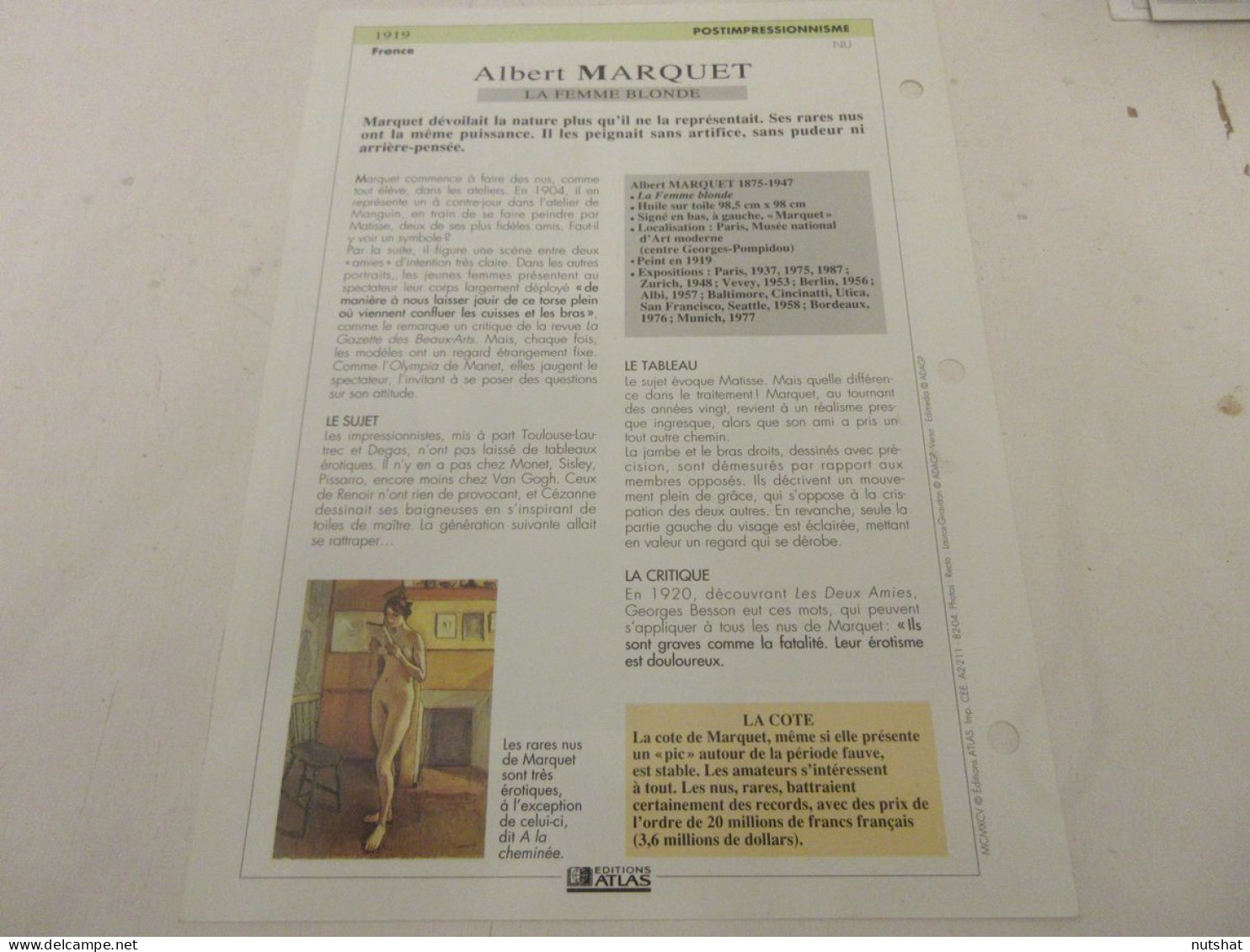 FICHE REPRODUCTION TABLEAU Albert MARQUET La FEMME BLONDE 1919 - Kunst