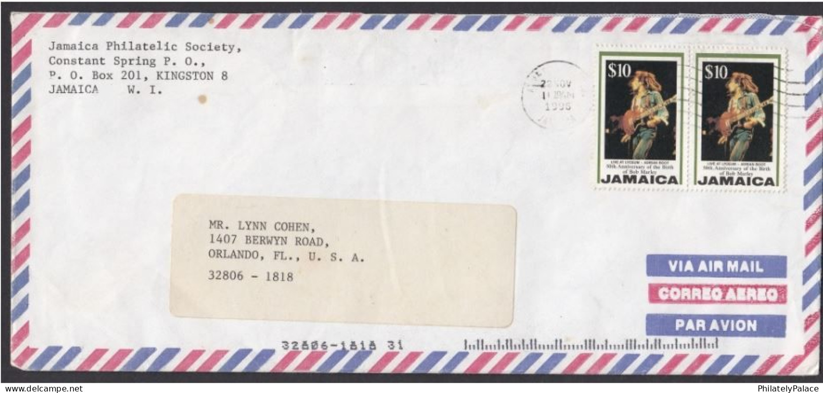 Jamaica 1995,MUSIC,Reggae Singer,Guitarist,Cancer,Bob Marley, $10 Pair On Airmail Cover To USA (**) - Oman