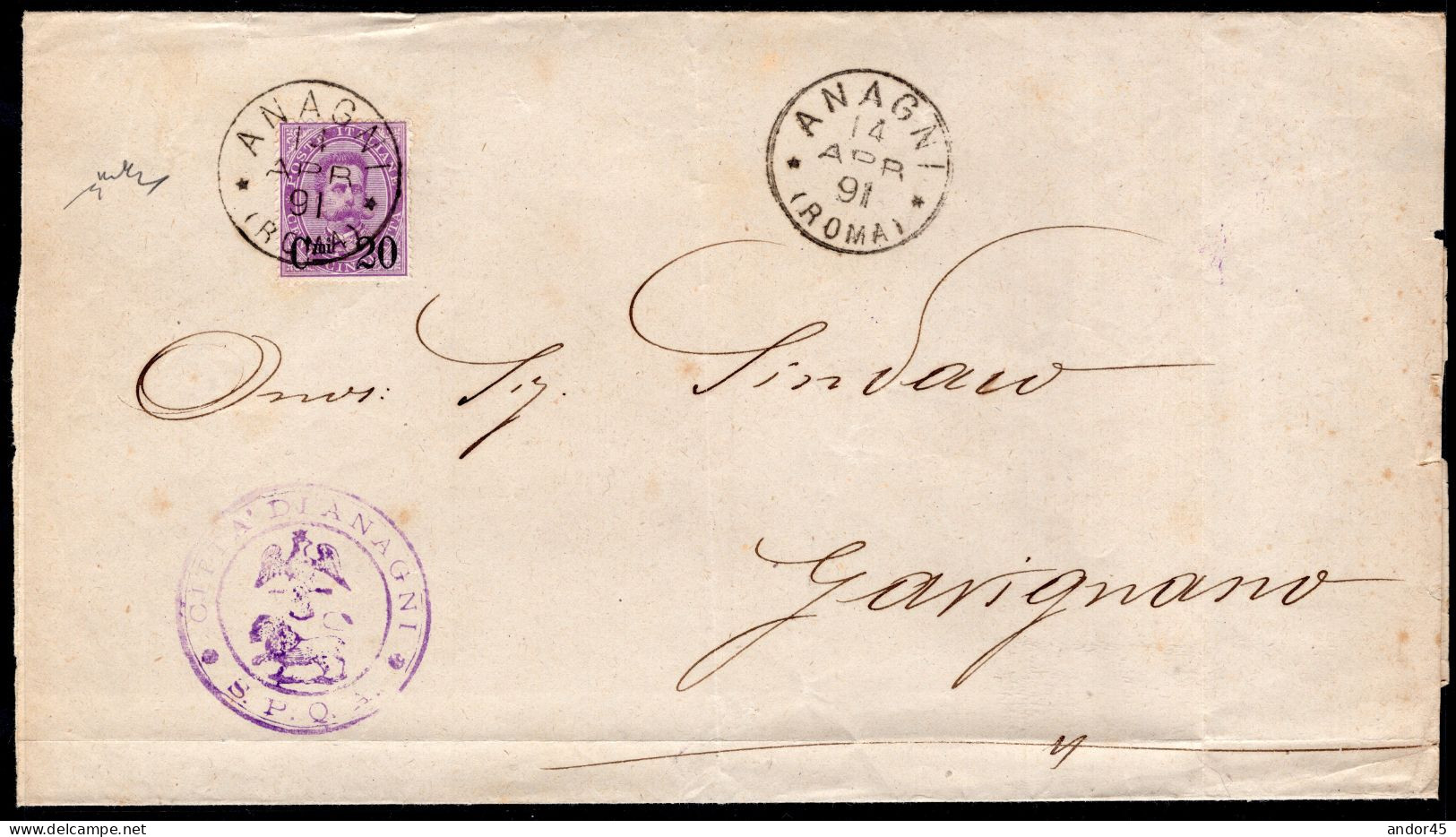 1891 14 APRILE UMBERTO I C.20 SU 50 SASS 58 IN USO SINGOLO CON OTTIMA CENTRATURA SU PIEGO DI LETTERA DA ANAGNI PER GAVIG - Poststempel