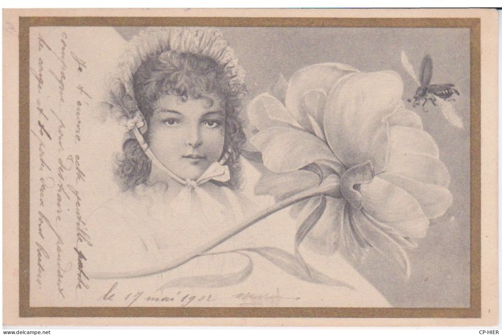 CPA ILLUSTREE  - ART NOUVEAU  - FEMME  AVEC UN FLEUR  ABEILLE  - 1900-1902 - 1900-1949