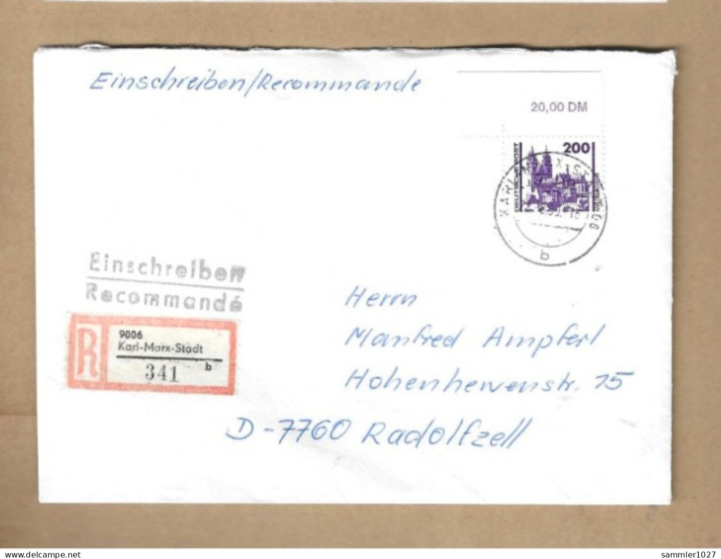 Los Vom 15.05 -  Einschreiben -Briefumschlag Aus Karl-Marx-Stadt 1990 - Covers & Documents