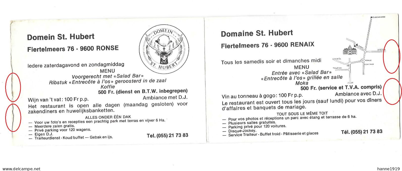 Ronse Fiertelmeers Domein Saint Hubert Restaurant Renaix Etiquette Visitekaartje Htje - Tarjetas De Visita