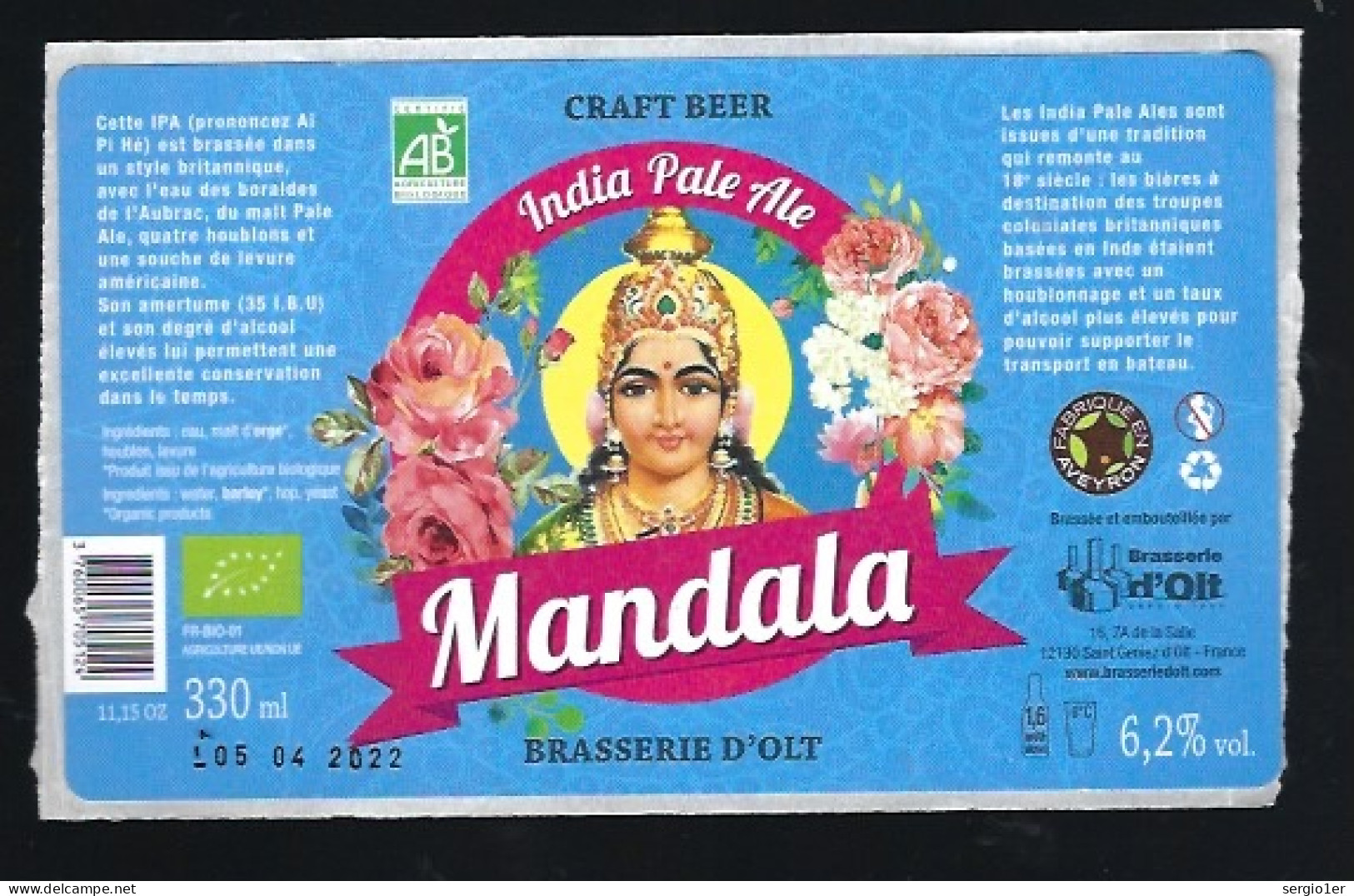 étiquette Bière France: Biere India Pale Ale Mandala  6,2% 33 Cl Brasserie D'Olt St Geniez D'olt Aveyron 12 "femme" - Cerveza