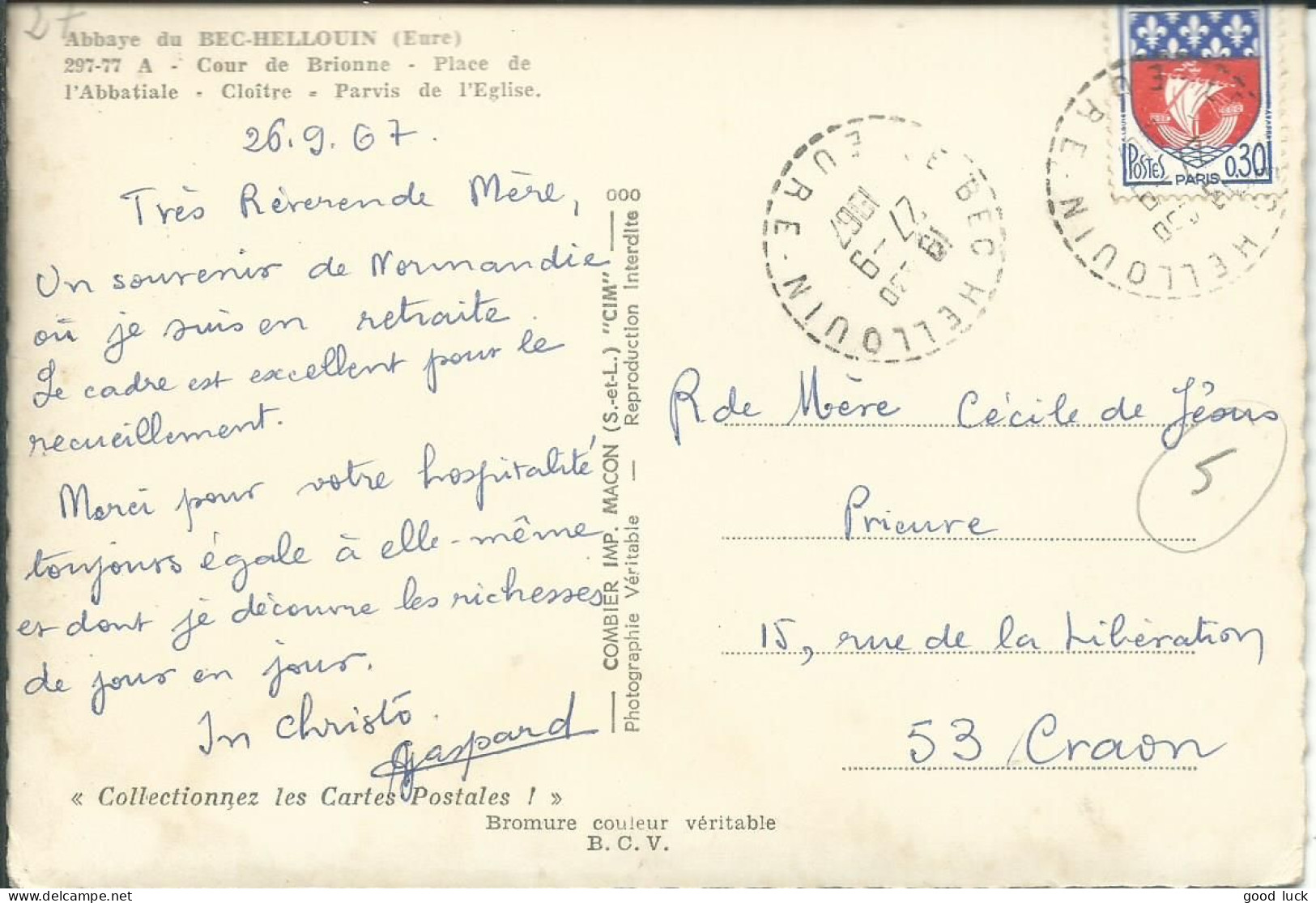 FRANCE CARTE 30c BEC-HELLOUIN ( EURE ) POUR CRAON ( MAYENNE ) DE 1967 LETTRE COVER - 1961-....