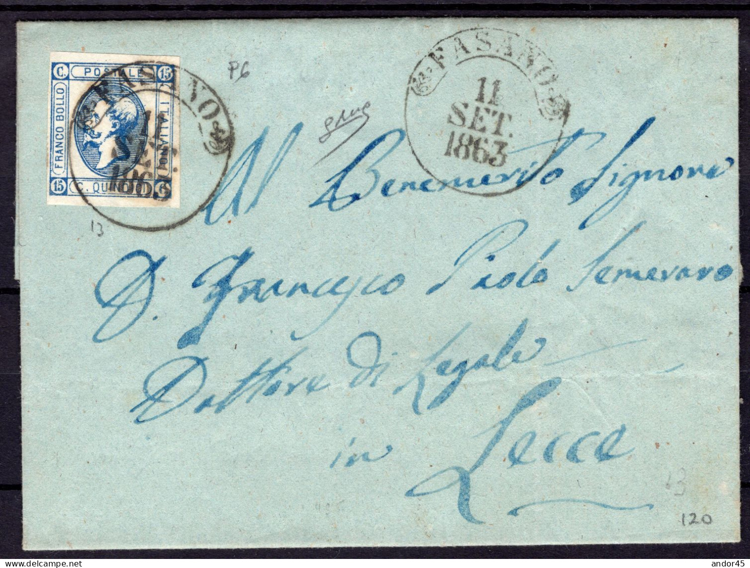 1863 11 SETTEMBRE C.15 LITO II TIPO SASS 13 BEN MARGINATO SU PIEGO DI LETTERA DA FASANO P6 PER LECCE FIRMA BIONDI RARA - Storia Postale