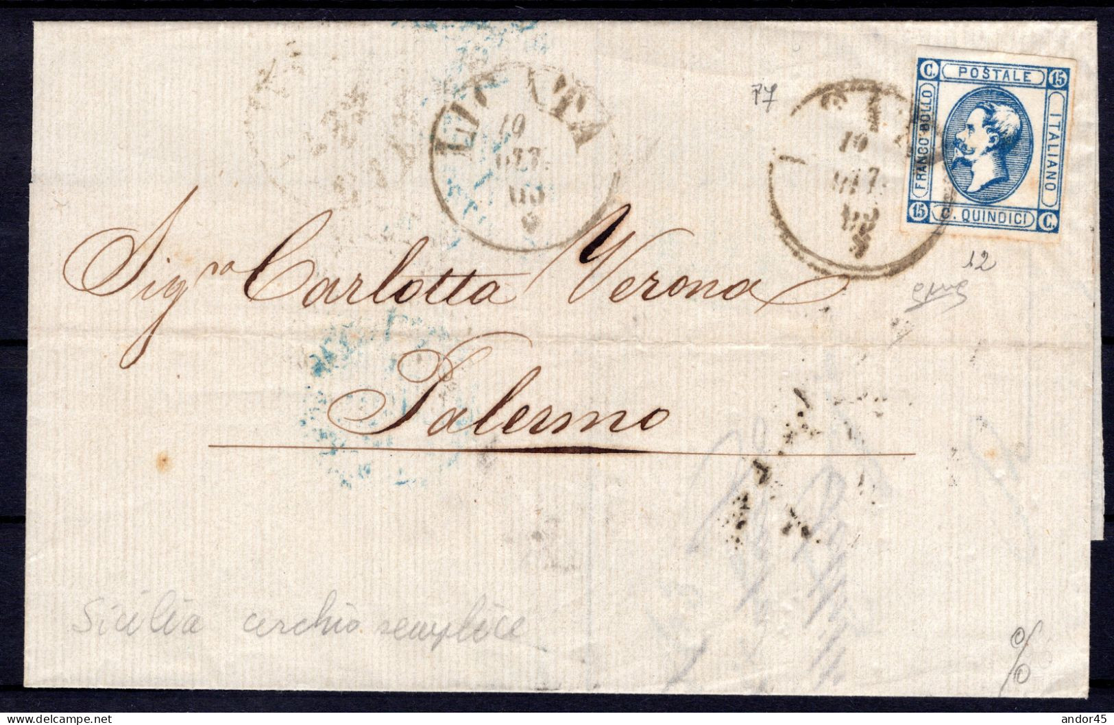 1863 10 OTTOBRE C.15 LITO I TIPO SASS 12 CON OTTIMI MARGINI SU PIEGO DI LETTERA DA LICATA P7 PER PALERMO FIRMA BIONDI RA - Marcofilía