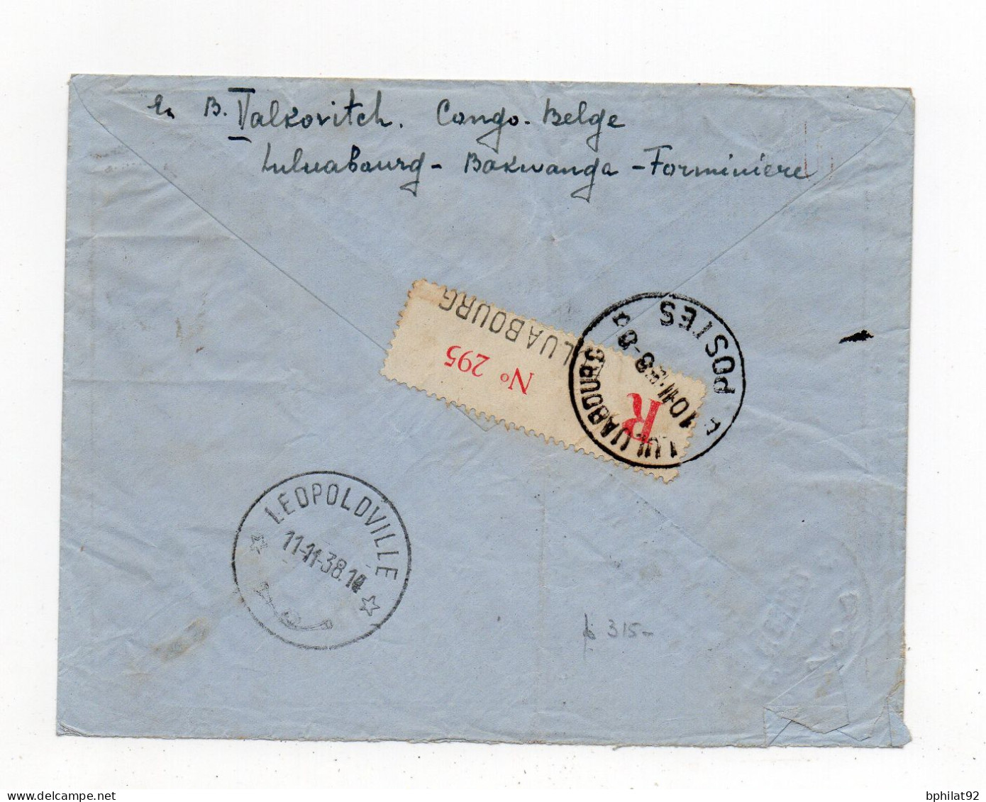 !!! CONGO BELGE, LETTRE RECOMMANDEE PAR AVION DE LULUABOURG DE 1938 - Brieven En Documenten