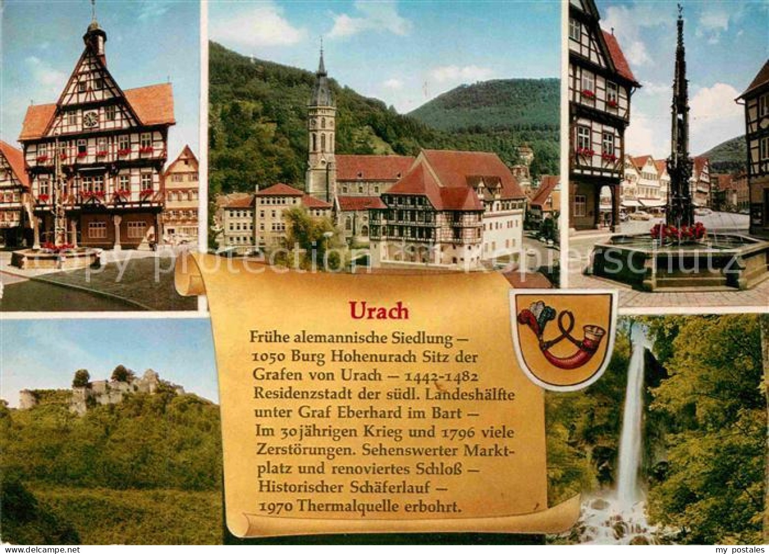 72715905 Urach Bad Fachwerk Wasserfall Brunnen Burgruine Bad Urach - Bad Urach