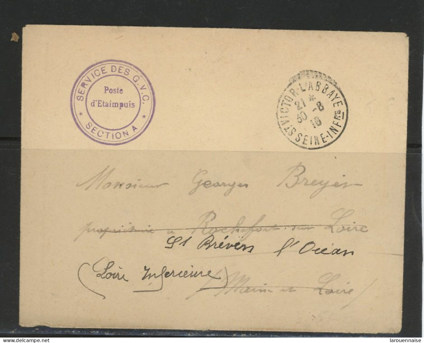 CACHET MILITAIRE -76 ETAIMPUIS -LSC- FRAPPE SUP-DOUBLE CERCLE ,VIOLET,31mm -SERVICEDES G.V.C /*SECTION A * - 1. Weltkrieg 1914-1918