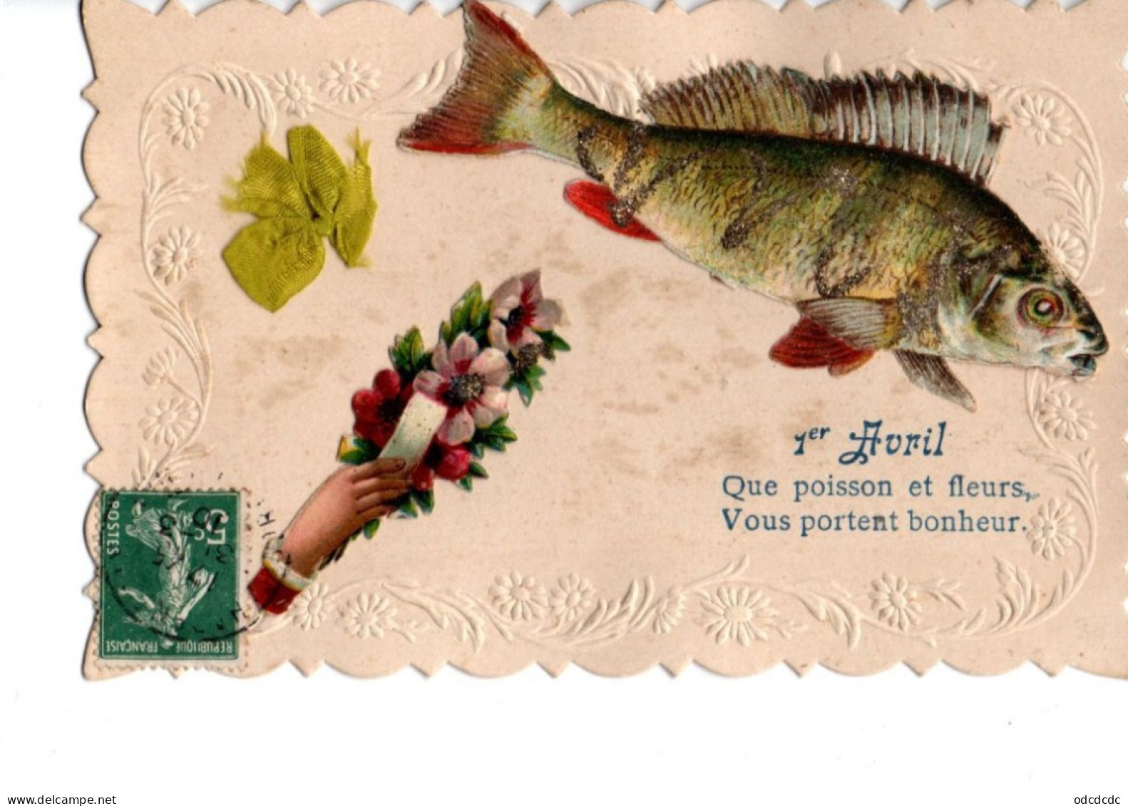 1er Avril Carte Ajoutis Poisson Noeud Jainr Main Fleurs Que Poisson Et Fleurs Vous Portent Bonheur RV - 1° Aprile (pesce Di Aprile)