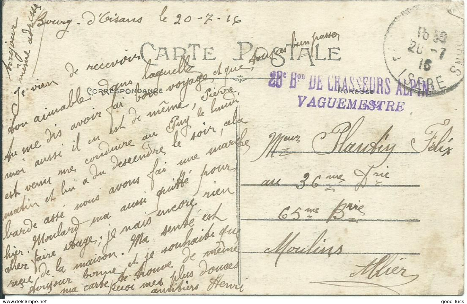 FRANCE CARTE FM BOURG D' OISANS ( ISERE ) POUR  MOULINS ( ALLIER ) + CACHET CHASSEURS ALPINS  DE 1916 LETTRE COVER - 1. Weltkrieg 1914-1918