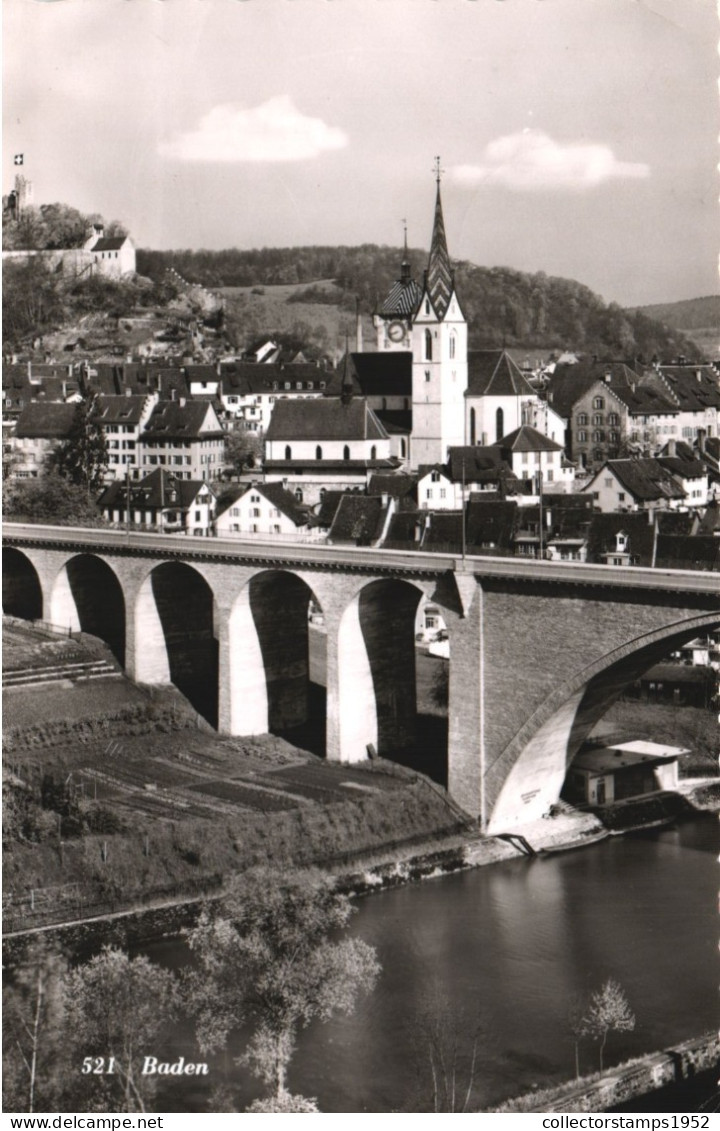 BADEN, ARGOVIA, BRIDGE, ARCHITECTURE, CHURCH, TOWER, SWITZERLAND, POSTCARD - Baden