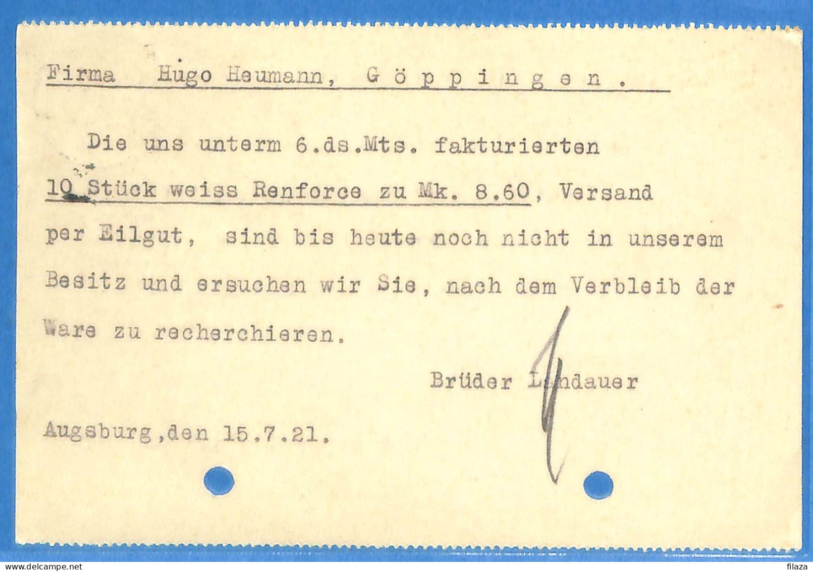 Allemagne Reich 1921 - Carte Postale De Augsburg - G33379 - Lettres & Documents