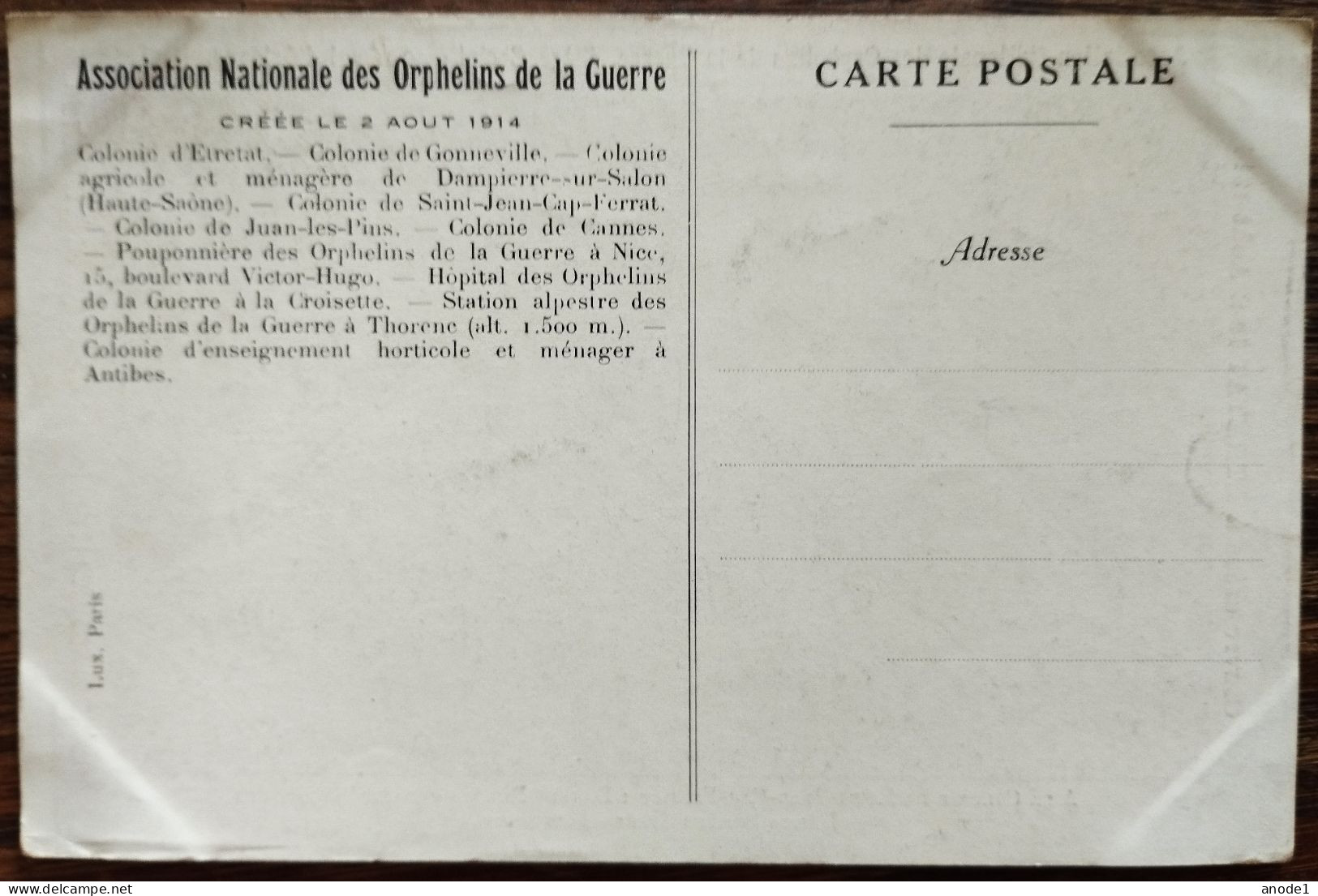 Association Nationale Des Orphelins De La Guerre. Gros Chagrin  Oeuvre Créée à Etretat Le 26 Aout 1914 - Etretat