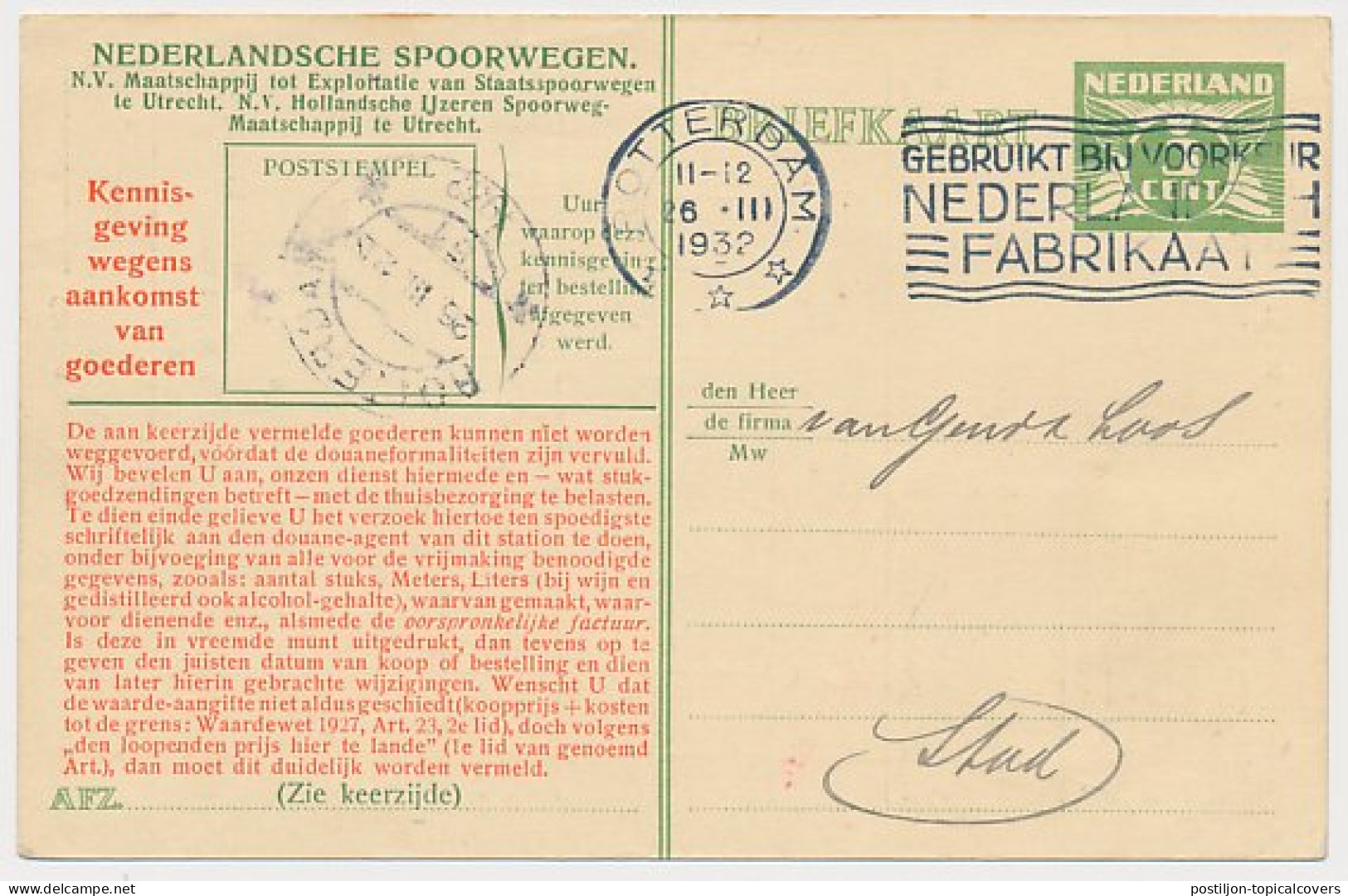 Spoorwegbriefkaart G. NS222 T - Locaal Te Rotterdam 1932 - Ganzsachen