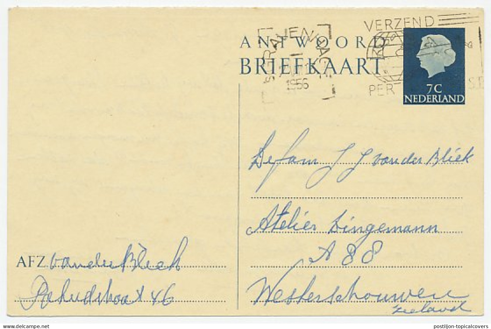 Briefkaart G. 316 A.krt. Den Haag - Westerschouwen1956 - Postwaardestukken