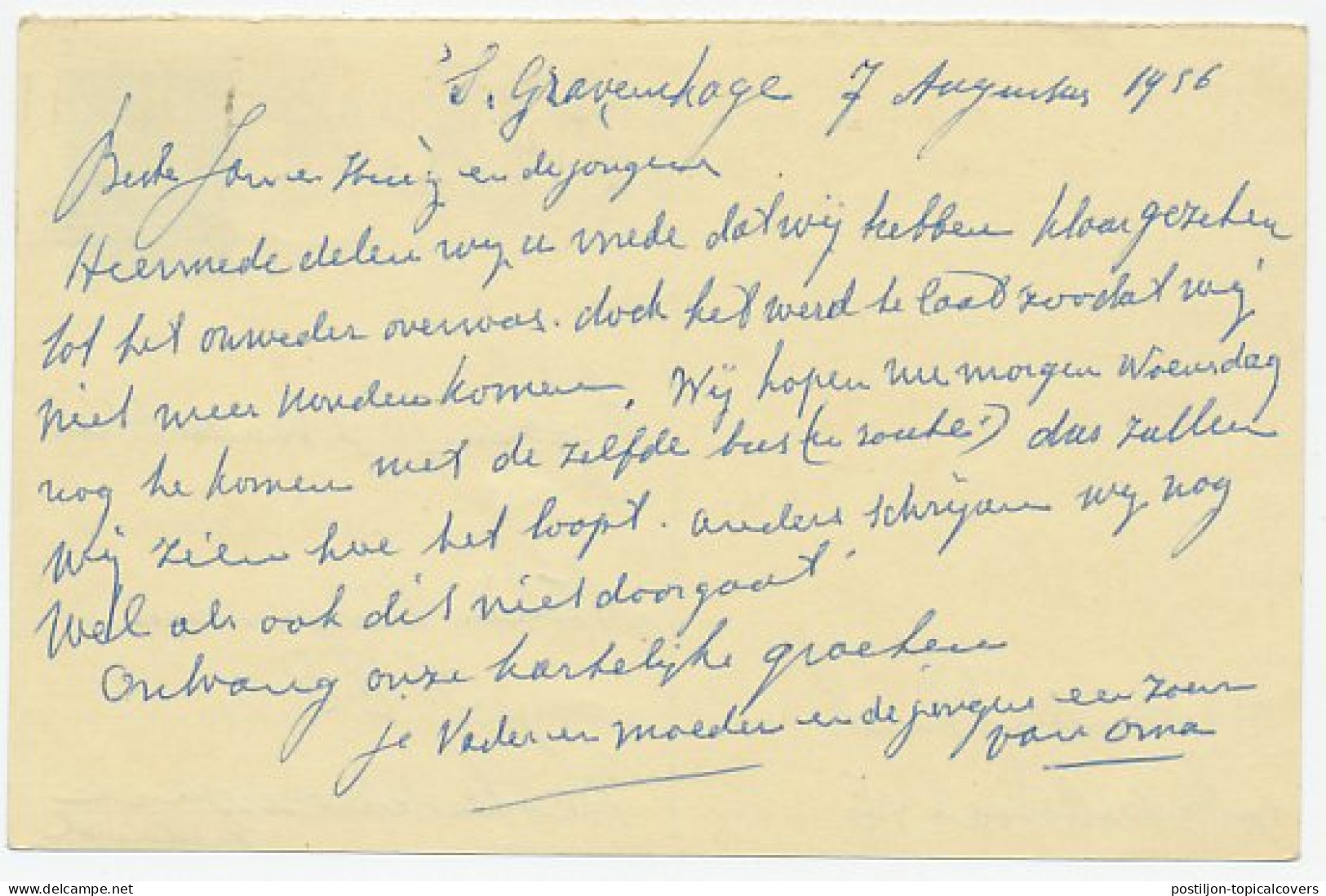 Briefkaart G. 316 A.krt. Den Haag - Westerschouwen1956 - Ganzsachen