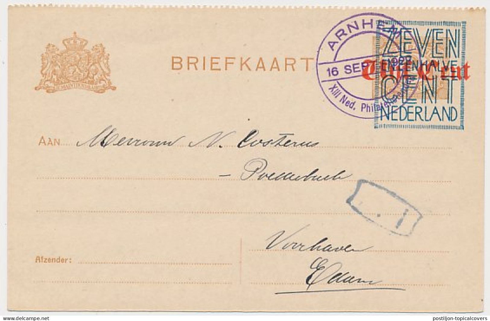 Briefkaart G. 140 B II Arnhem - Edam 1922 - Interi Postali