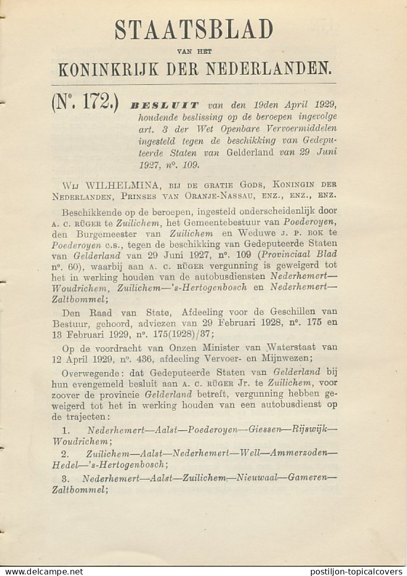 Staatsblad 1929 : Autobusdienst Nederhemert - S Hertogenbosch  - Documents Historiques