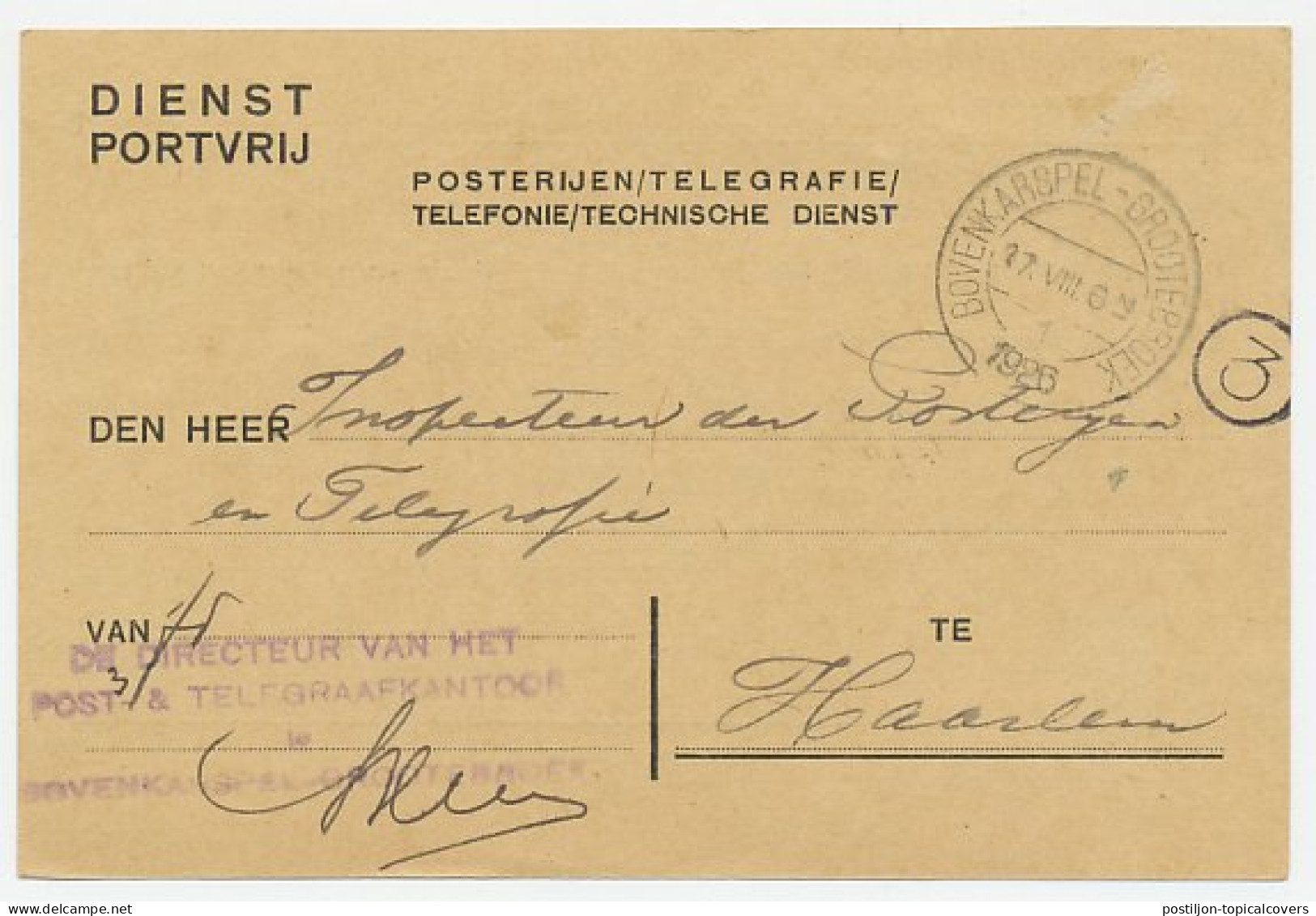 Dienst PTT Bovenkarspel - Haarlem 1926 - Bestellerstempel - Unclassified