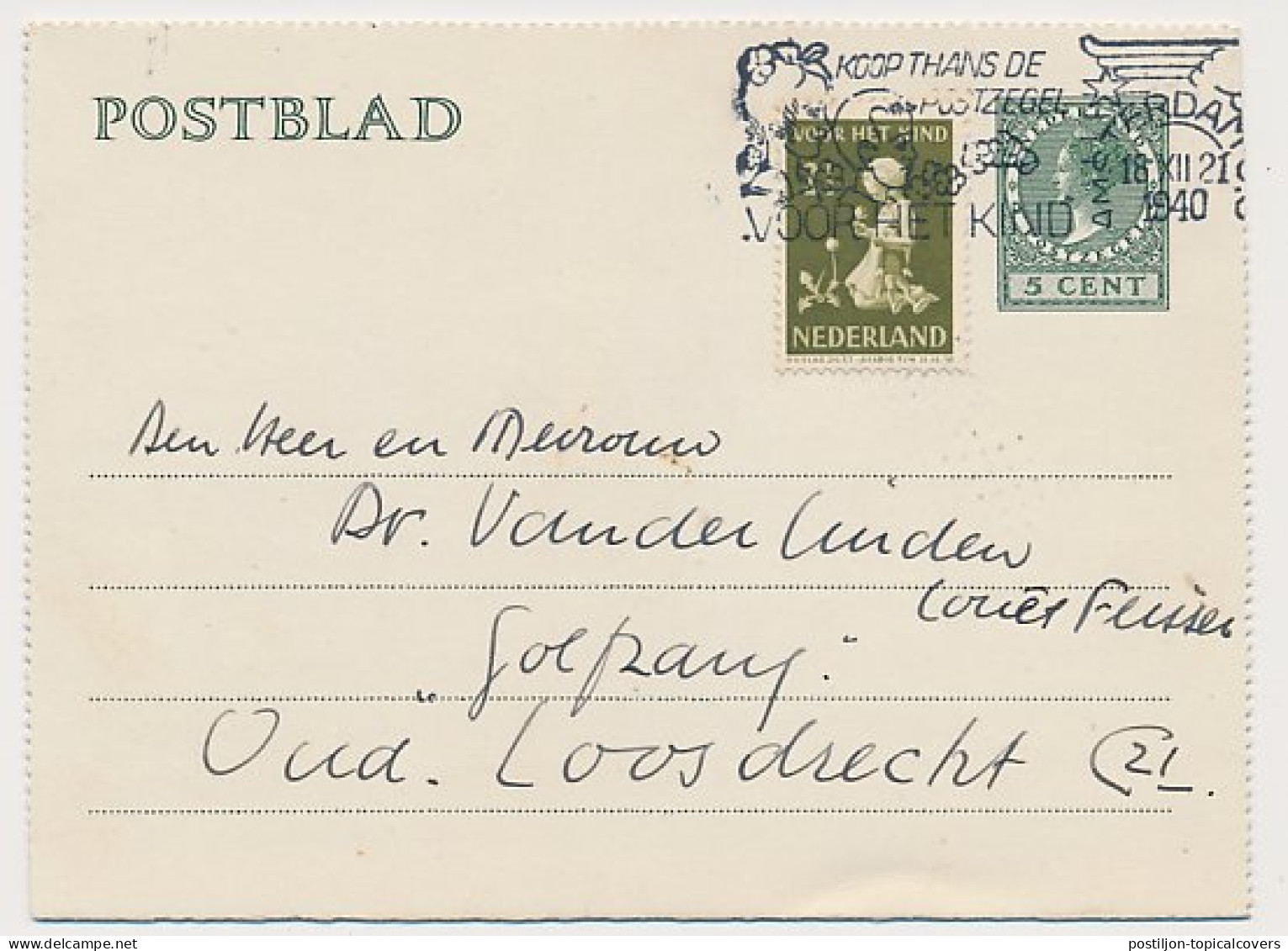 Postblad G. 19 A / Bijfrankering Amsterdam - Loosdrecht 1940 - Interi Postali