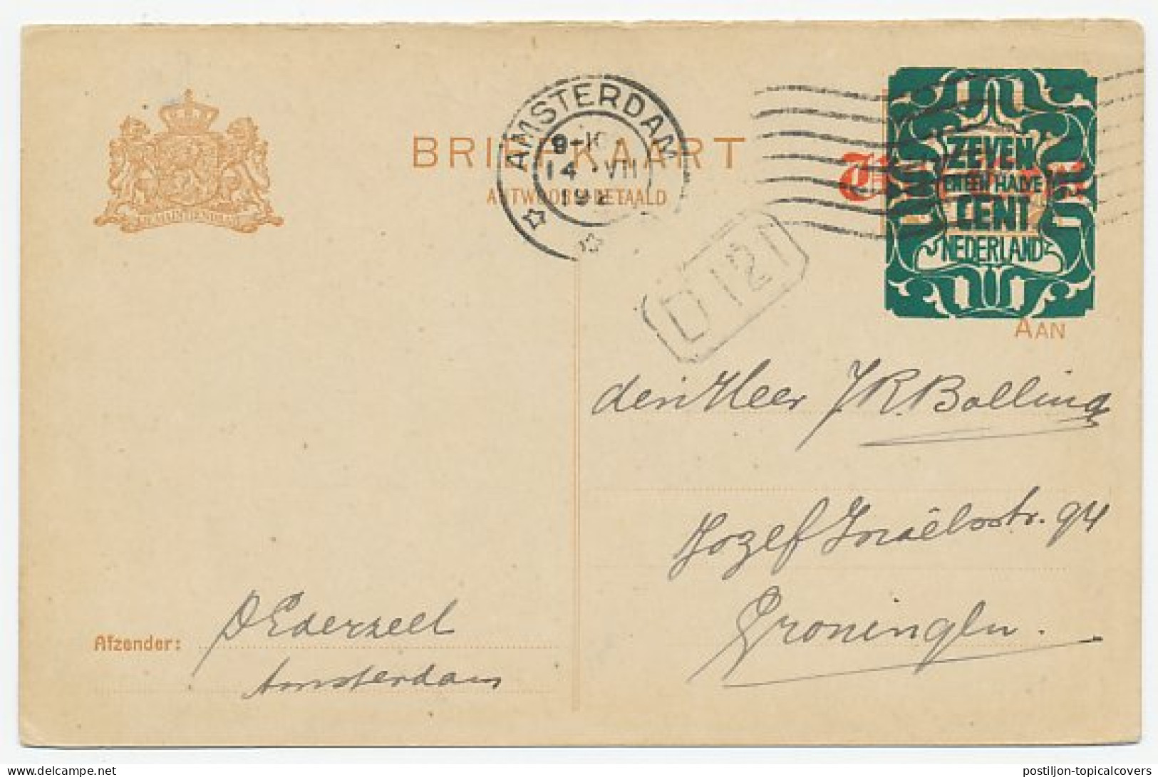 Briefkaart G. 177 I A.krt. Amsterdam - Groningen 1921 - Ganzsachen