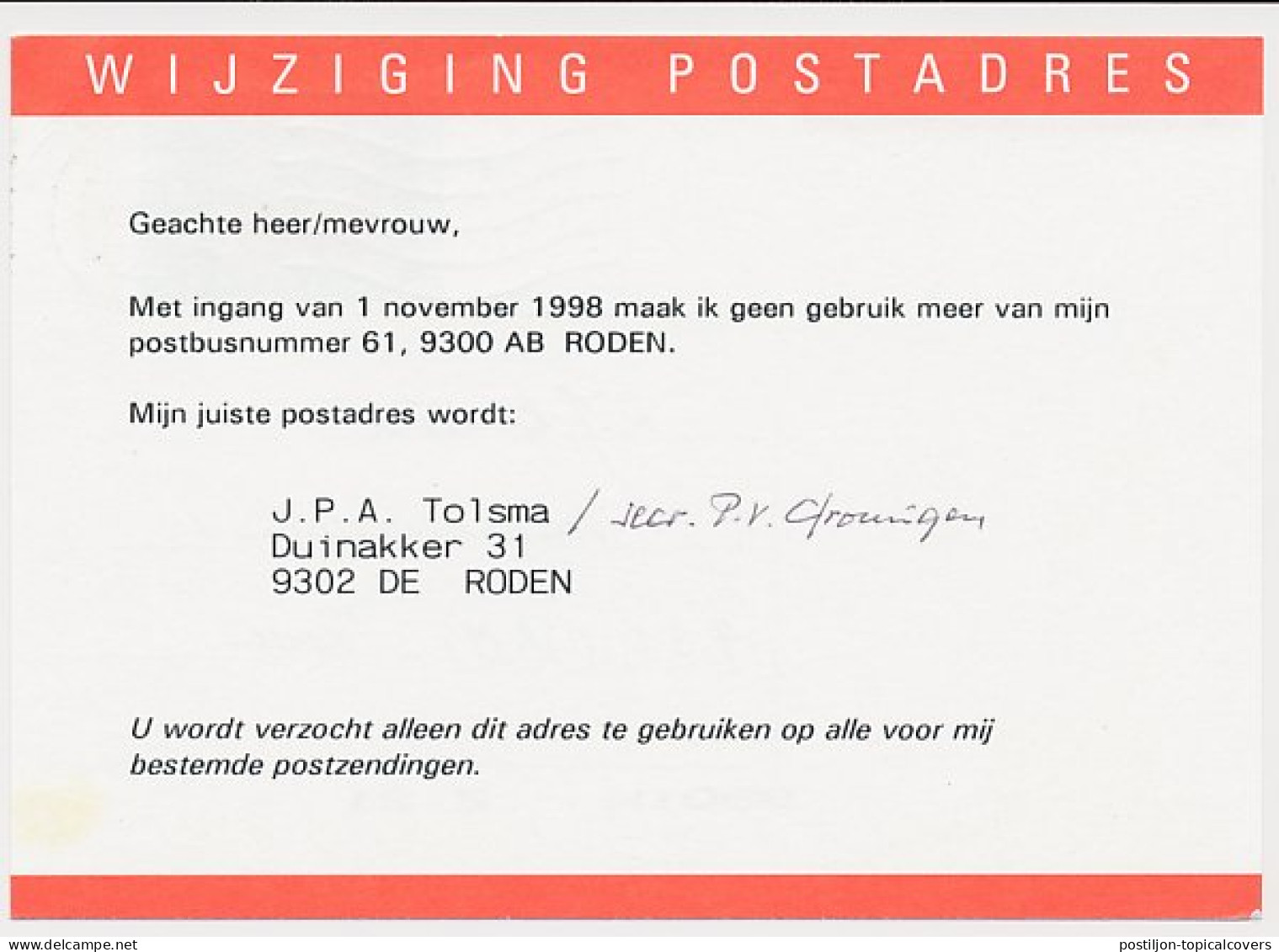 Wijziging Postadres G. 1 C Zwolle - Roden 1999 - Ganzsachen