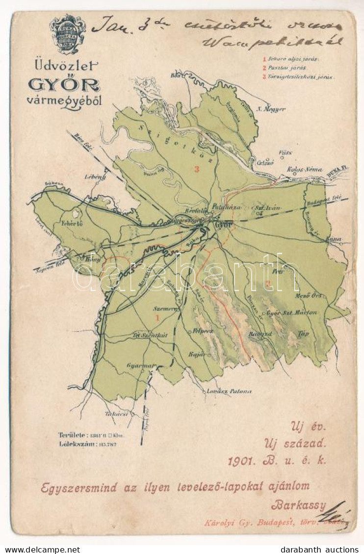 T2/T3 1900 Győr Vármegye Térképe. Kiadja Károlyi Gy. / Map Of Győr County (kis Szakadások / Small Tears) - Non Classés