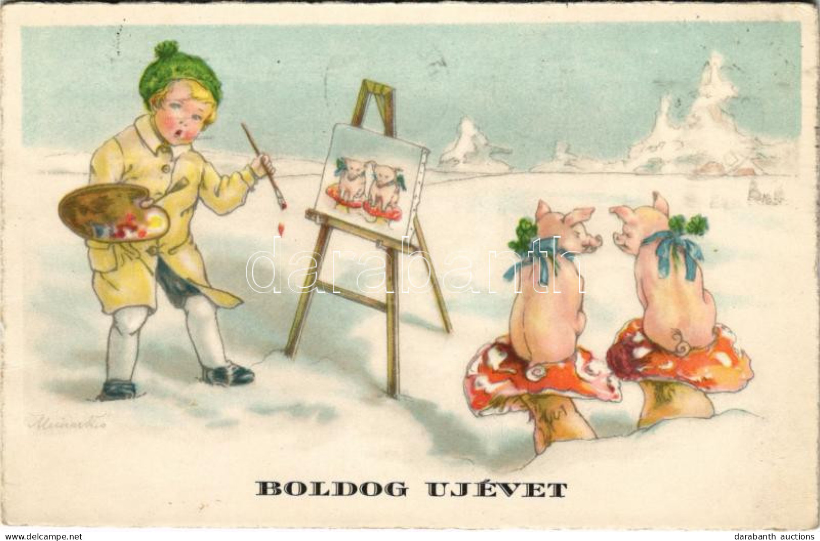 T2/T3 1939 Boldog Újévet / New Year Greeting Art Postcard, Painter With Pigs (fl) - Ohne Zuordnung