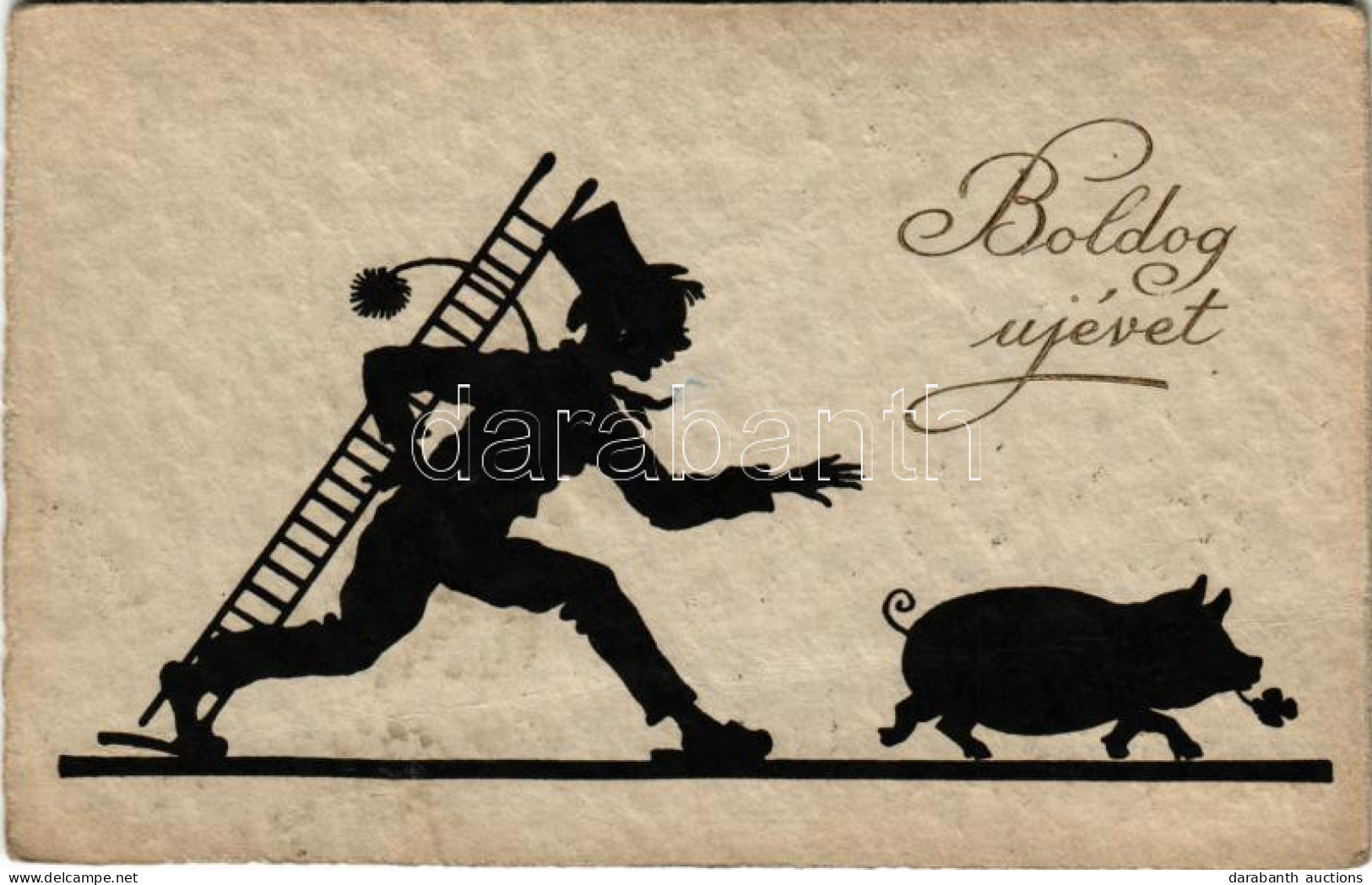 * T3 1926 Boldog Újévet / New Year Greeting Art Postcard With Chimney Sweeper And Pig, Silhouette (fa) - Ohne Zuordnung
