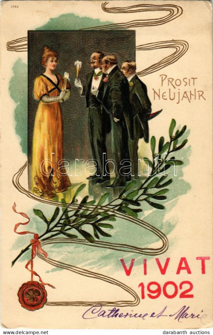 T2/T3 1902 Prosit Neujahr / Dombornyomott újévi üdvözlet Pezsgőző Társasággal / New Year Greeting, Embosse Dlitho (EK) - Ohne Zuordnung