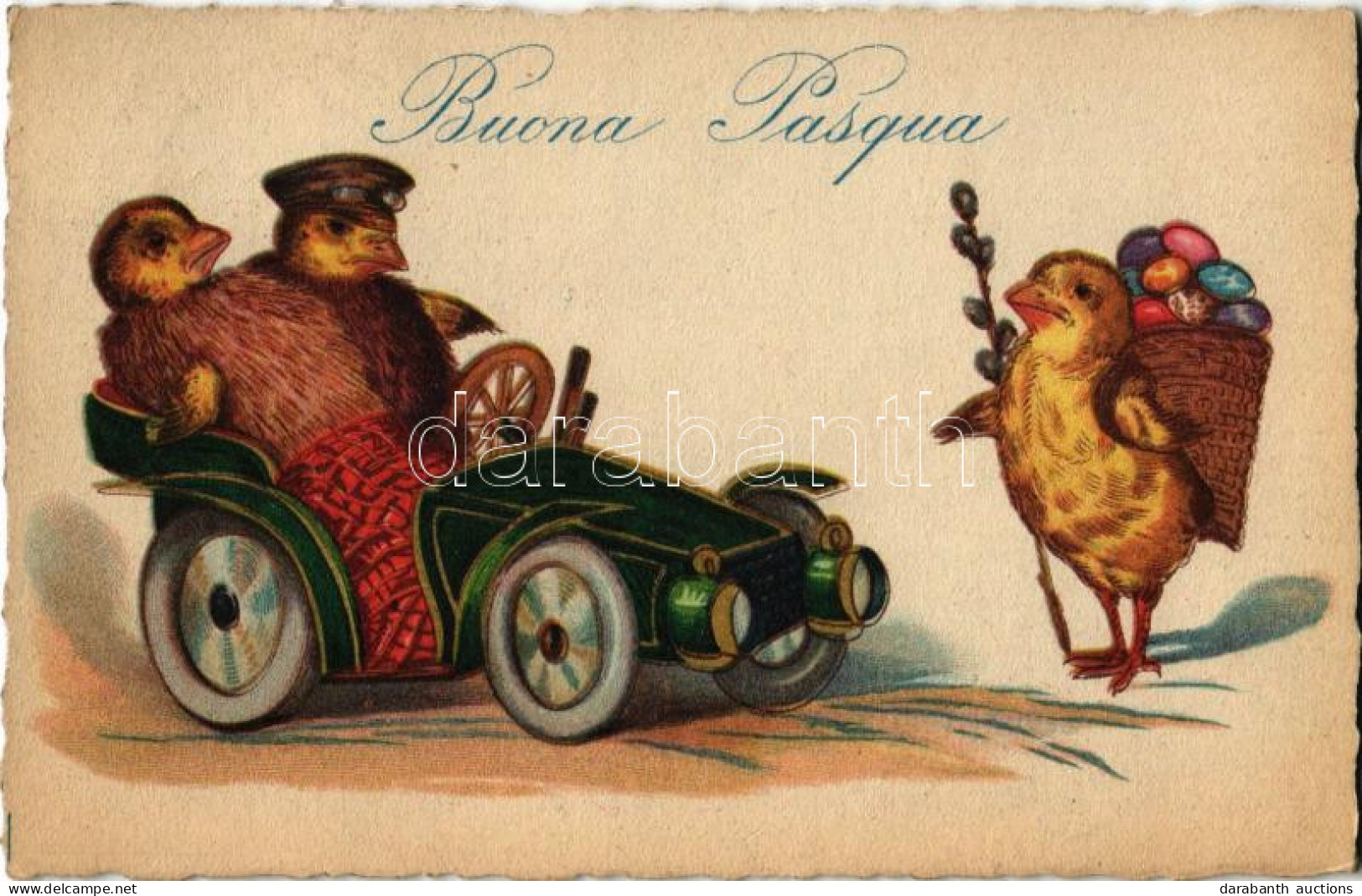 T2 1926 Buona Pasqua / Kellemes Húsvéti Ünnepeket, Csirkék Autóban / Easter Greeting, Chicken In Automobile. C.C.M. 0043 - Ohne Zuordnung