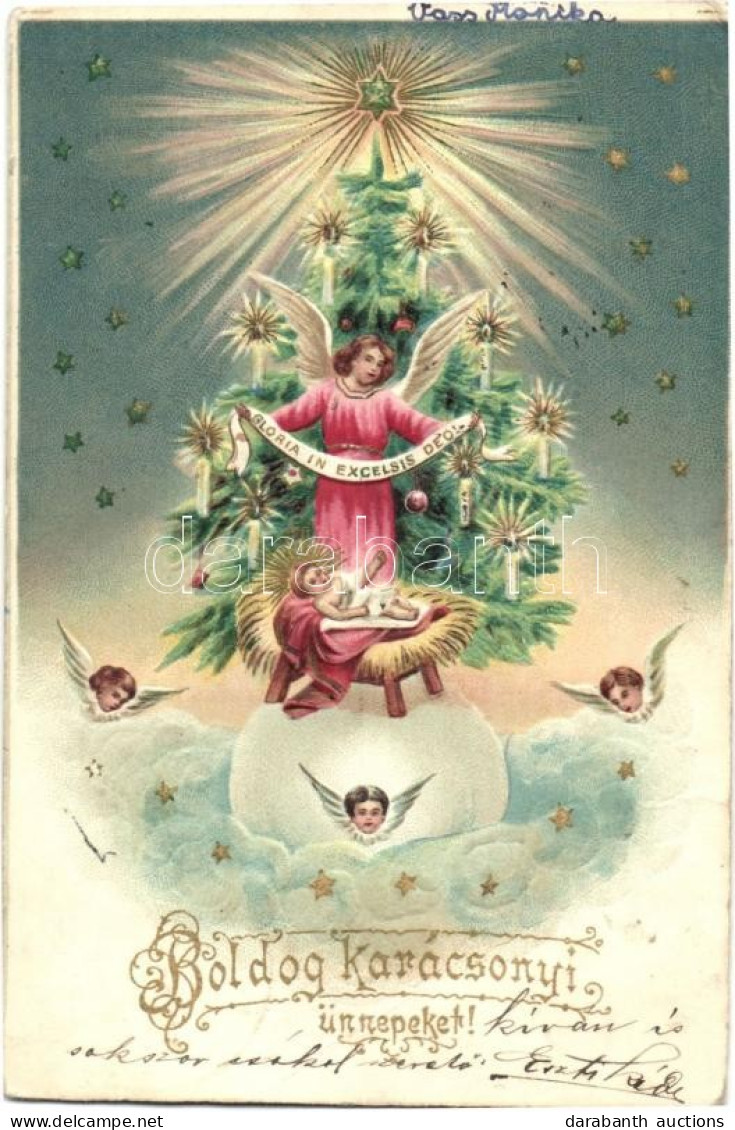 T2/T3 1902 Boldog Karácsonyi Ünnepeket! / Christmas Greeting Card With Angels, Baby, Christmas Tree. Emb. Litho (EK) - Non Classés