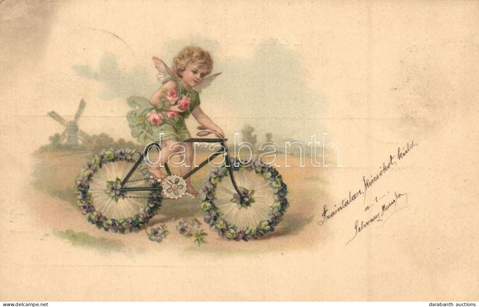 T2/T3 Angel On Bicycle, Greeting Card, Litho - Ohne Zuordnung