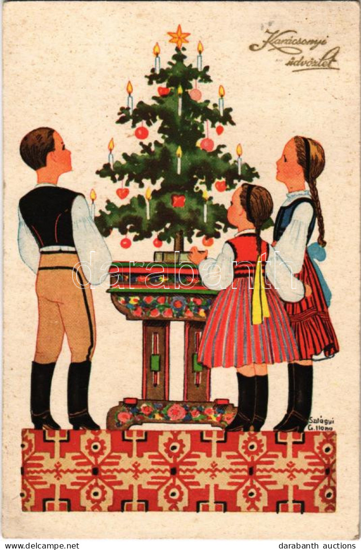 T2/T3 1941 Karácsonyi üdvözlet / Christmas Greeting Art Postcard, Hungarian Folklore S: Szilágyi G. Ilona (ázott Sarok / - Zonder Classificatie