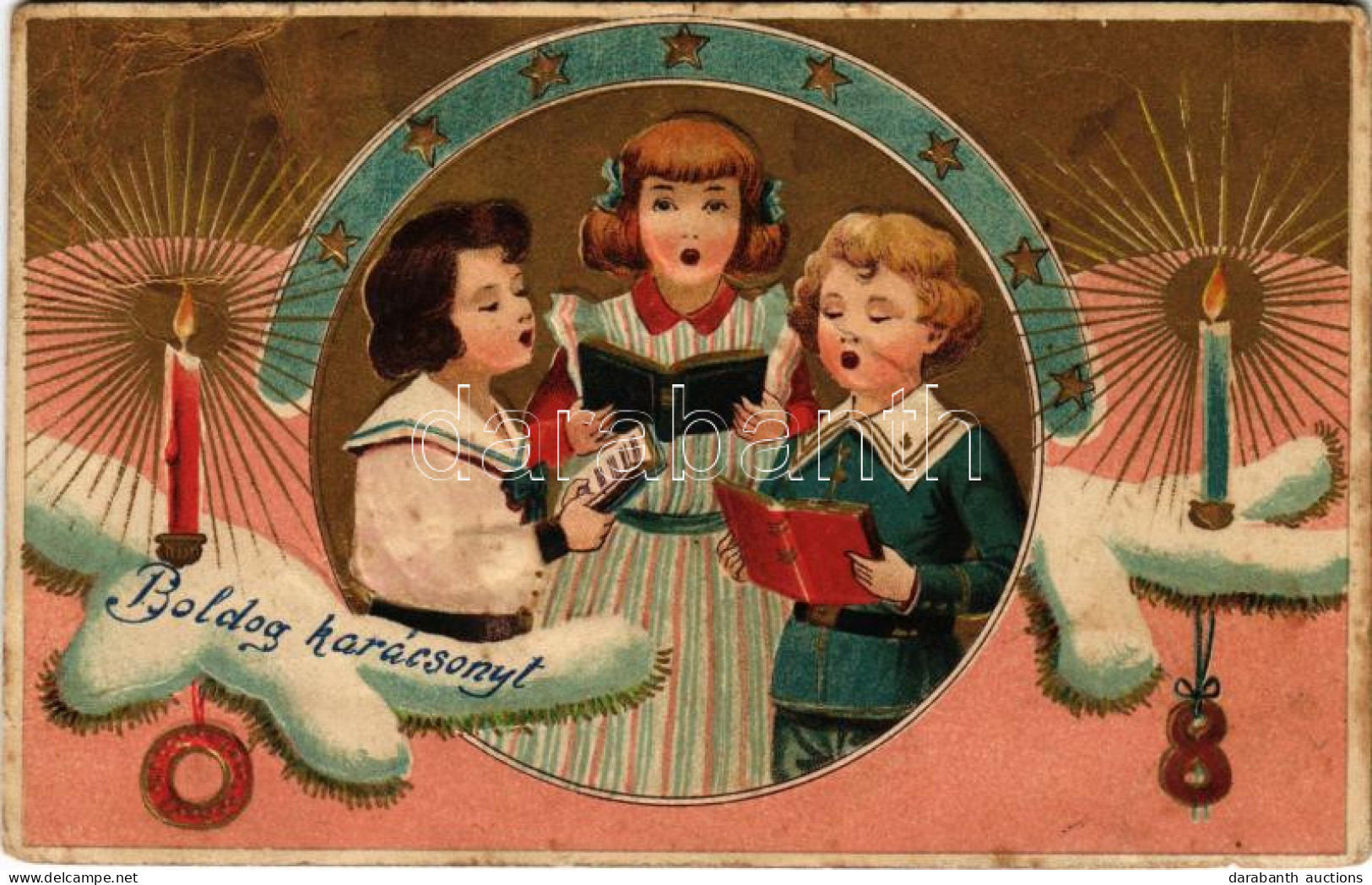 * T3 Boldog Karácsonyt / Christmas Greeting Art Postcard With Children Singing. Art Nouveau, Emb. Litho (EB) - Non Classés
