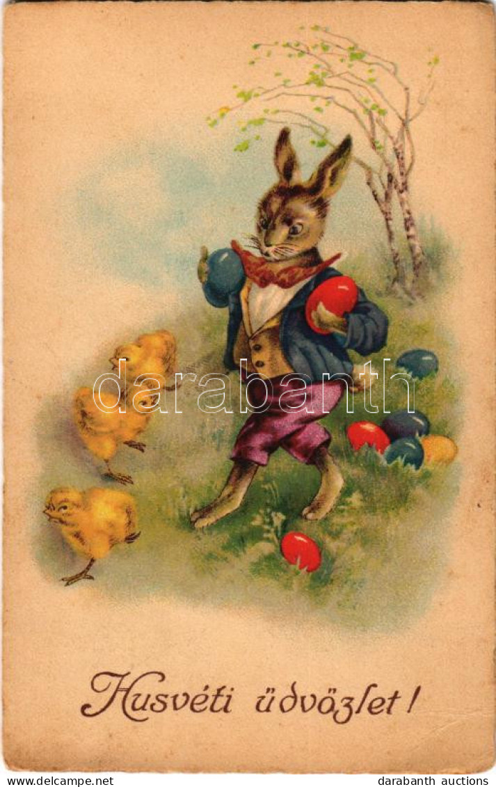 T2/T3 1934 Húsvéti üdvözlet / Easter Greeting Art Postcard With Rabbit, Chicken And Eggs (fl) - Unclassified