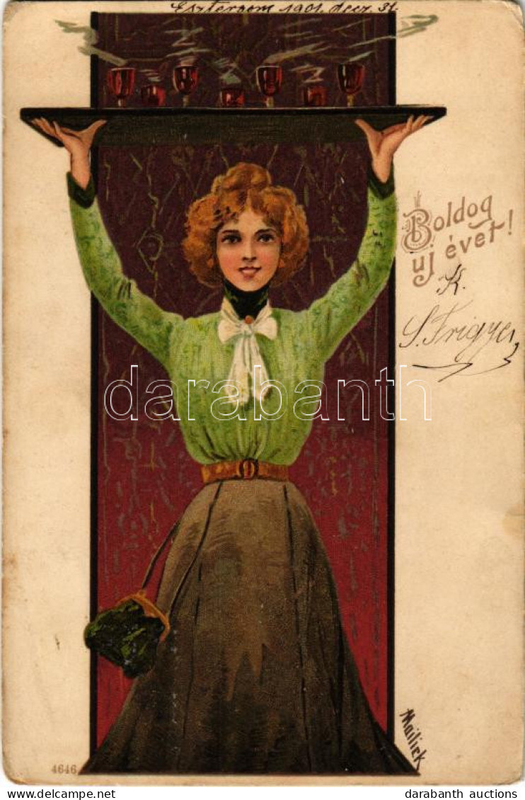 T3 1901 Boldog Újévet / New Year Greeting Art Postcard With Lady. Art Nouveau, Litho S: Mailick (kopott Sarkak / Worn Co - Zonder Classificatie