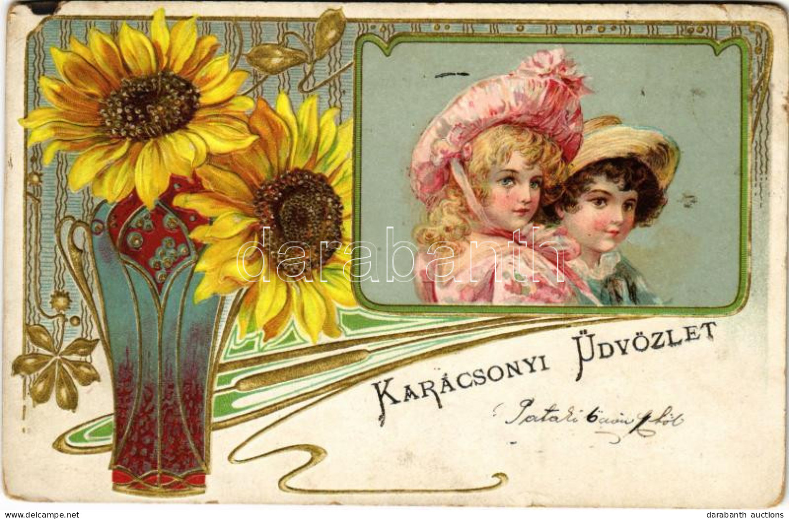 T4 1904 Karácsonyi üdvözlet / Christmas Greeting Art Postcard With Children And Sunflowers. Art Nouveau, Floral, Emb. Li - Sin Clasificación