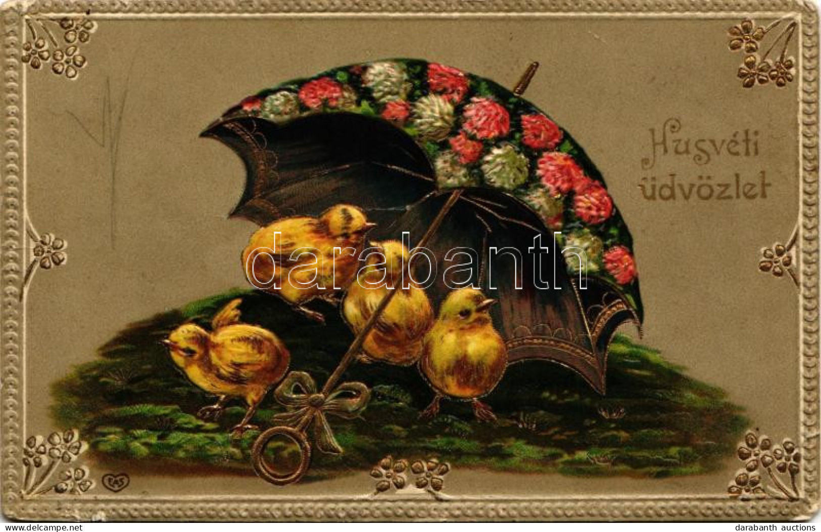 T4 1909 Húsvéti üdvözlet / Easter Greeting Art Postcard With Chicken And Umbrella. Floral, Emb. Litho (EM) - Unclassified